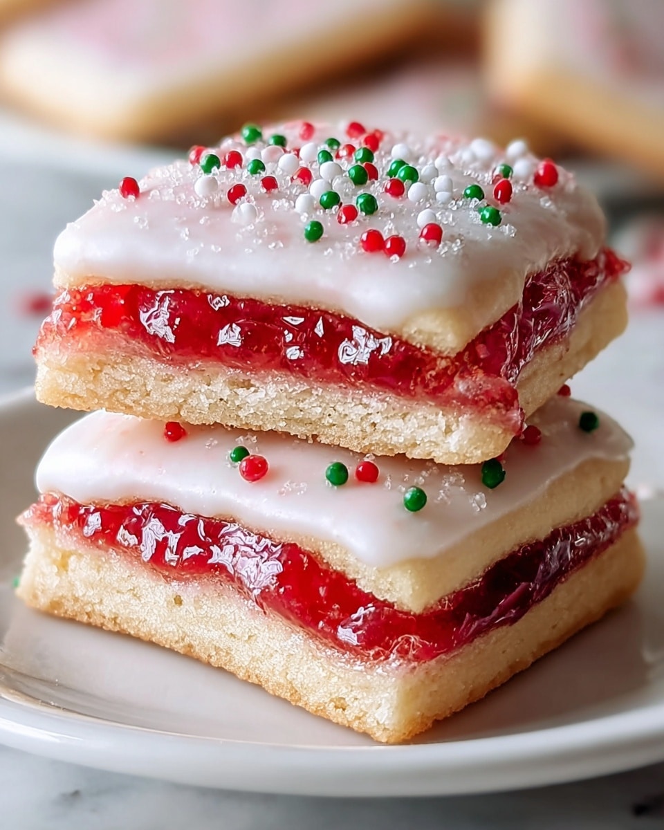 The image shows two square-shaped cookies stacked on a white plate with a white marbled texture surface. Each cookie has three main layers: the bottom layer is a light golden-brown soft cookie, the middle layer is a bright red, glossy, jam-like filling, and the top layer is a smooth, white icing sprinkled with small red and green round sprinkles as well as some fine white sugar crystals. The top cookie is slightly tilted, revealing the shiny jam and icing layers clearly. Photo taken with an iphone --ar 4:5 --v 7