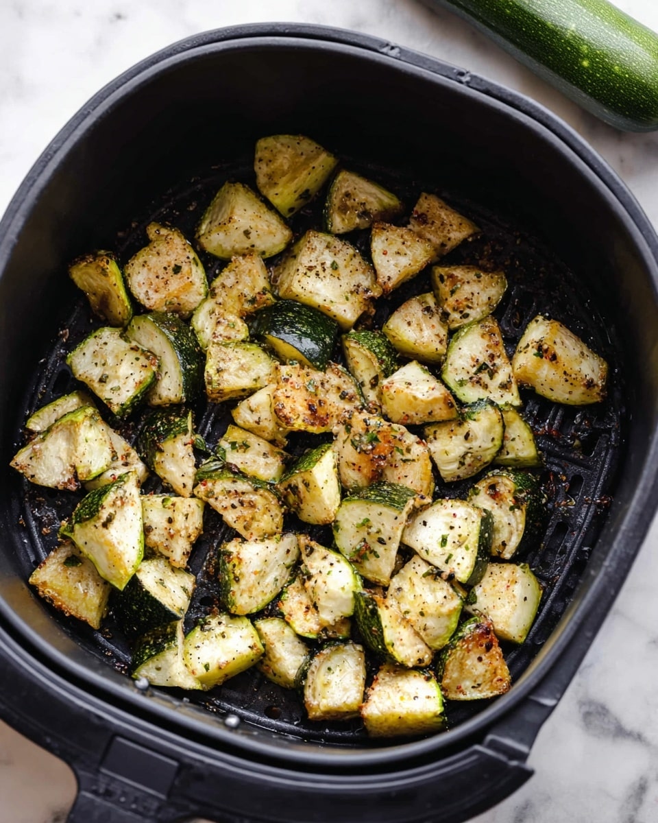Inside a black air fryer basket, there are small, irregular pieces of roasted zucchini. Each zucchini piece has a mix of light green flesh and dark green skin with some browned edges, showing a slightly crispy texture. The zucchini bits are sprinkled with black pepper and finely chopped green herbs. The air fryer basket rests on a white marbled surface with a whole zucchini partially visible in the top right corner. photo taken with an iphone --ar 4:5 --v 7