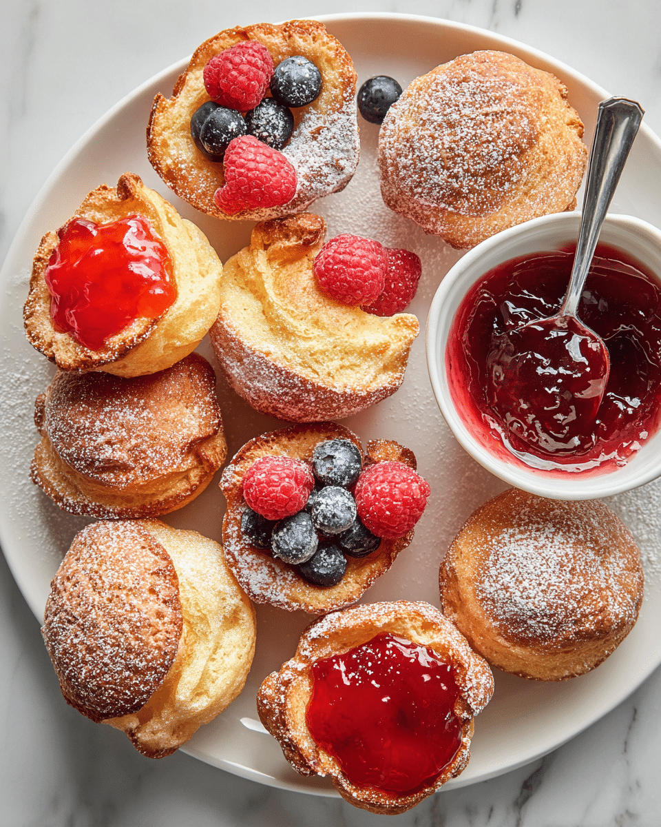 A white plate holds nine golden brown puffed pastries with a slightly uneven, crispy texture. Some pastries are topped with fresh raspberries and blueberries, sprinkled lightly with powdered sugar. Two of the pastries have a smooth, shiny red jam spread on top. To the right on the plate, there is a small white bowl filled with bright red jam with a silver spoon inside. The plate rests on a white marbled surface and the overall look is bright and fresh. photo taken with an iphone --ar 4:5 --v 7