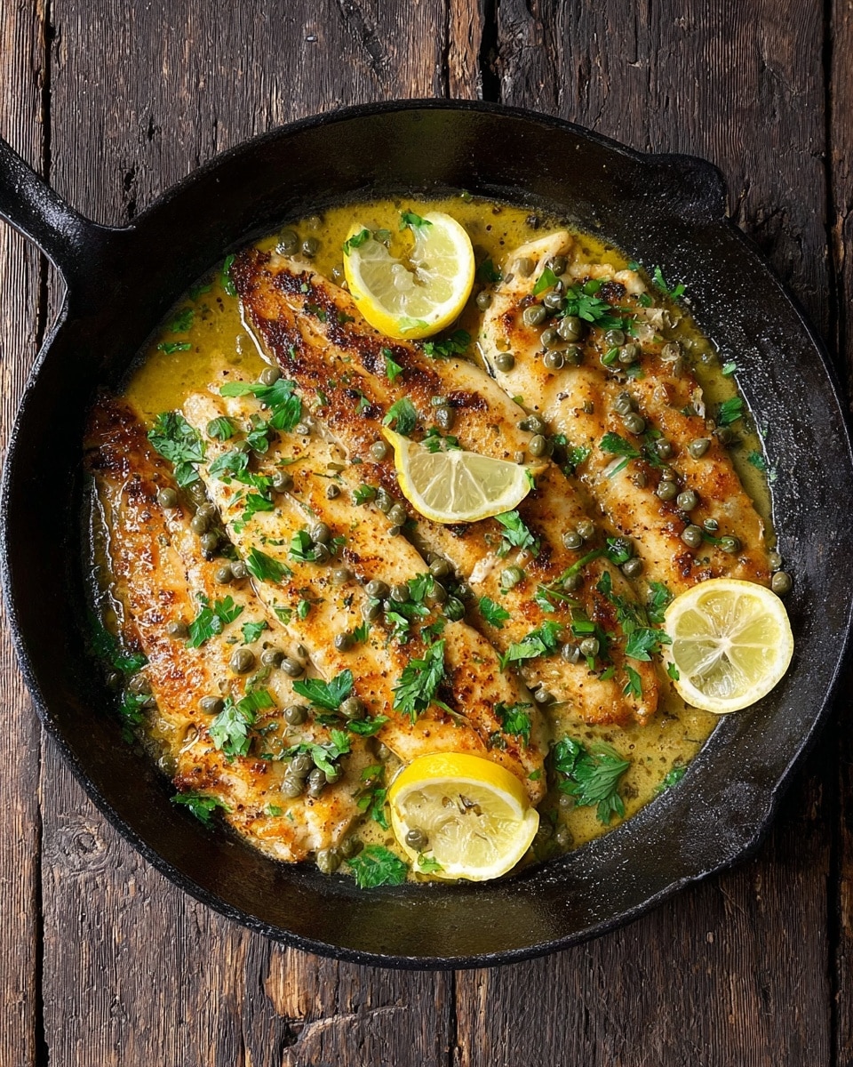 The image shows a black skillet filled with five golden-brown, cooked fish fillets arranged in a slightly overlapping way. The fish is covered with small green capers and sprinkled with chopped fresh green parsley. There are four thin lemon slices placed evenly around the fish, and a light brown sauce with some bubbles surrounds the fillets. The skillet rests on a surface with a white marbled texture. photo taken with an iphone --ar 4:5 --v 7