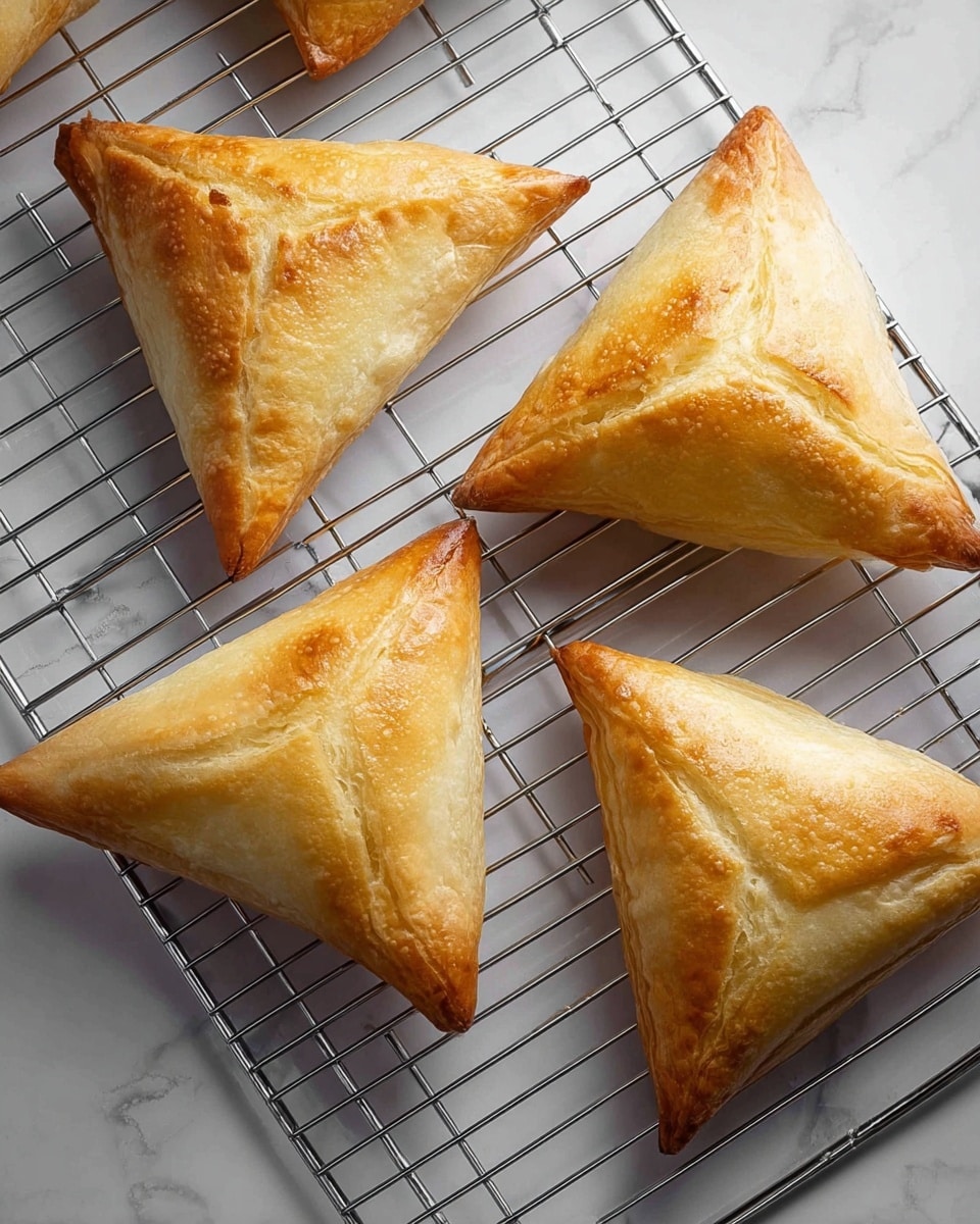 The image shows five golden-brown triangular pastries cooling on a metal rack. Each pastry is neatly folded with three distinct edges meeting at the center, creating a smooth, slightly puffed surface with light to medium browning, giving a crispy texture. The pastries have a soft, flaky appearance with subtle darker crisp points along the folded seams. The metal rack is placed on a white marbled texture surface that contrasts gently with the warm tones of the pastries. photo taken with an iphone --ar 4:5 --v 7