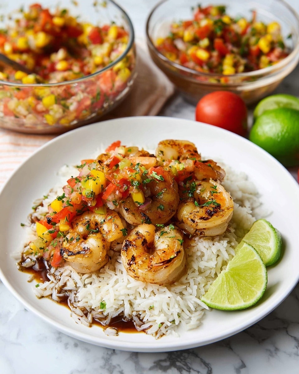 A white plate holds a dish with three main layers: the bottom layer is fluffy white rice scattered with a dark brown sauce; on top of the rice is a colorful salsa made of red, yellow, and green vegetables finely chopped; the top layer showcases a neat pile of five golden-brown grilled shrimp garnished with small bits of green herbs. To the side of the shrimp, there are two lime wedges adding a fresh touch. The plate sits on a white marbled texture surface, and nearby there is a clear glass bowl filled with more colorful salsa and two whole green limes and one small red tomato visible in the background. photo taken with an iphone --ar 4:5 --v 7
