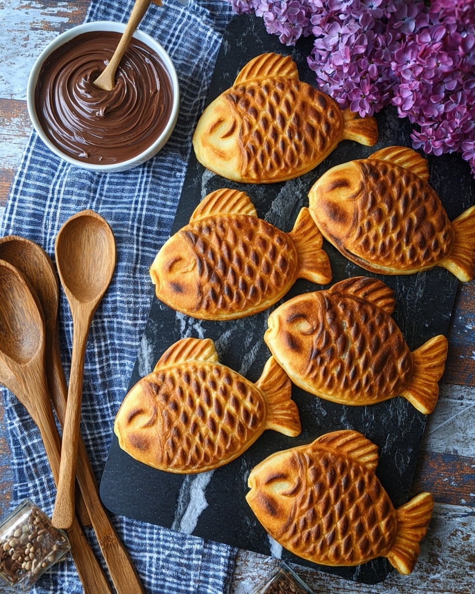 The image shows a group of seven golden-brown fish-shaped cakes with detailed scale patterns, placed on a black marble board. The cakes have a slightly crispy texture with darker toasted spots. To the left side of the board, there are four wooden measuring spoons lying on a rustic wooden surface covered partly with a blue checkered cloth. Above the spoons, a small white bowl is filled with smooth, swirled chocolate sauce. In the top right corner, vibrant purple flowers add color to the scene. The background is a white marbled texture. photo taken with an iphone --ar 4:5 --v 7