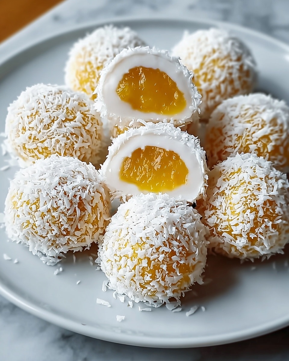 The image shows a white plate with seven round sweets. Each sweet has three layers: the outermost layer is white with a rough texture from shredded coconut, the middle layer is smooth and white, and the innermost layer is a yellow, shiny, and moist filling, visible in the two cut sweets at the front. The sweets are arranged close together on the plate, which is placed on a white marbled surface. The focus is sharp on the front sweets, showing detailed texture on the coconut flakes and the glossy yellow filling inside. photo taken with an iphone --ar 4:5 --v 7