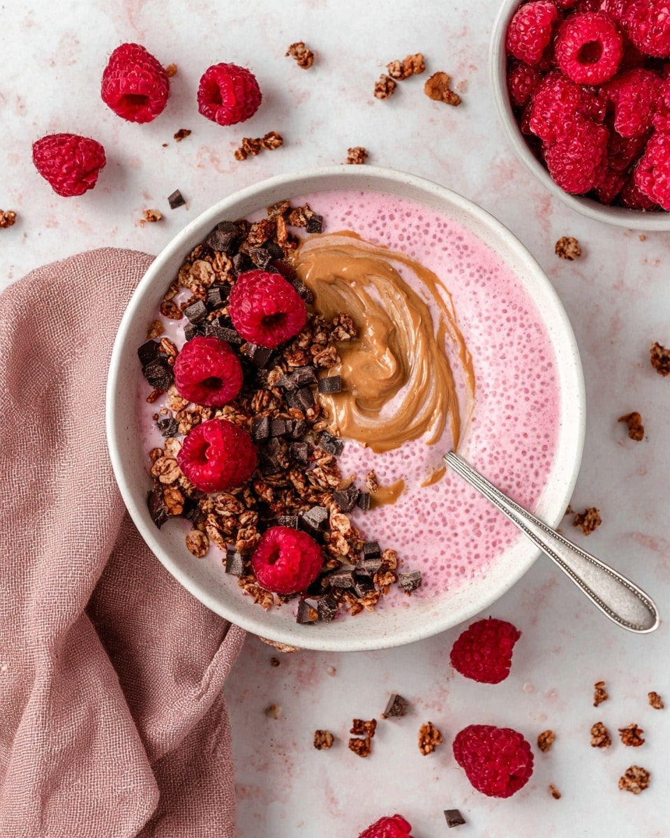 A white bowl filled with creamy pink chia pudding forms the base layer, speckled with small chia seeds. On top of the pudding, there is a swirl of smooth, golden-brown peanut butter, slightly blending into the pink layer. Bright red fresh raspberries sit scattered both on top of the peanut butter and the pudding. Sprinkled around are crunchy granola pieces in various browns and tans with some dark chocolate bits adding texture and color contrast. A silver spoon rests partly inside the bowl on the right side. Around the bowl, several fresh raspberries and bits of granola are spread on a white marbled surface with a soft, dusty pink cloth beside it. A smaller bowl filled with more raspberries is at the top right of the scene. photo taken with an iphone --ar 4:5 --v 7