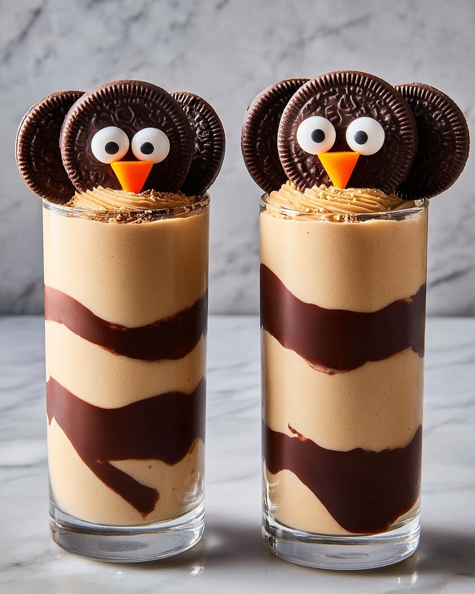 Two tall clear glasses filled with three main layers: a light brown creamy base with smooth texture, decorated with swirling dark brown chocolate sauce wrapping around the inner sides of the glass. Each glass is topped with two round chocolate peanut butter cups arranged like a fan, decorated with two small white candy eyes, and a small orange triangle shaped piece in the center resembling a nose to create a turkey face. The background is a white marbled texture. photo taken with an iphone --ar 4:5 --v 7