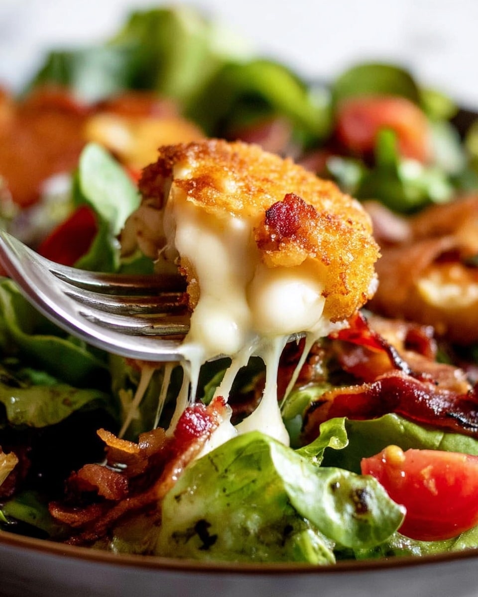 The image shows a close-up of a fork lifting a crispy, golden-brown fried cheese piece with melted, gooey white cheese stretching from it. Below the cheese, there is a layer of fresh green lettuce and pieces of crispy bacon that add red and brown colors. The salad underneath has more green lettuce leaves mixed with small bits of bacon and some red tomato slices visible in the background. The textures include the crunchy cheese crust, melted soft cheese, crispy bacon, and fresh leafy greens. The whole dish is presented on a white plate with a white marbled background. Photo taken with an iphone --ar 4:5 --v 7