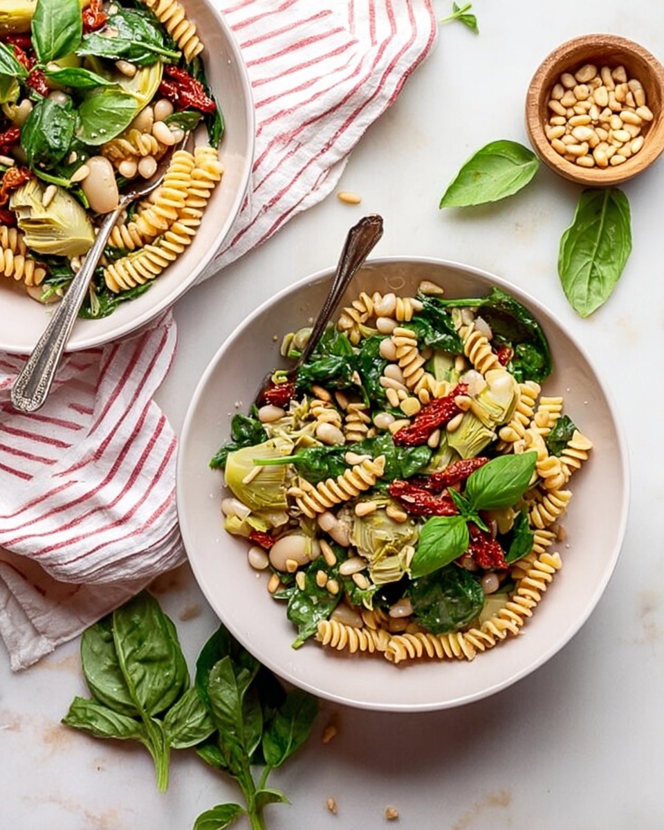 The image shows two white bowls filled with a colorful pasta salad placed on a white marbled surface. Each bowl contains three layers: a bottom layer of light beige rotini pasta, a middle layer of green spinach leaves and pale green artichoke slices, and a top layer scattering of white beans, bright red sun-dried tomatoes, and fresh green basil leaves. One bowl has a silver fork stuck into the pasta. Nearby, a small wooden bowl holds a handful of light brown pine nuts, and fresh basil sprigs are scattered around. A white cloth with red stripes lies next to the bowls. Photo taken with an iphone --ar 4:5 --v 7