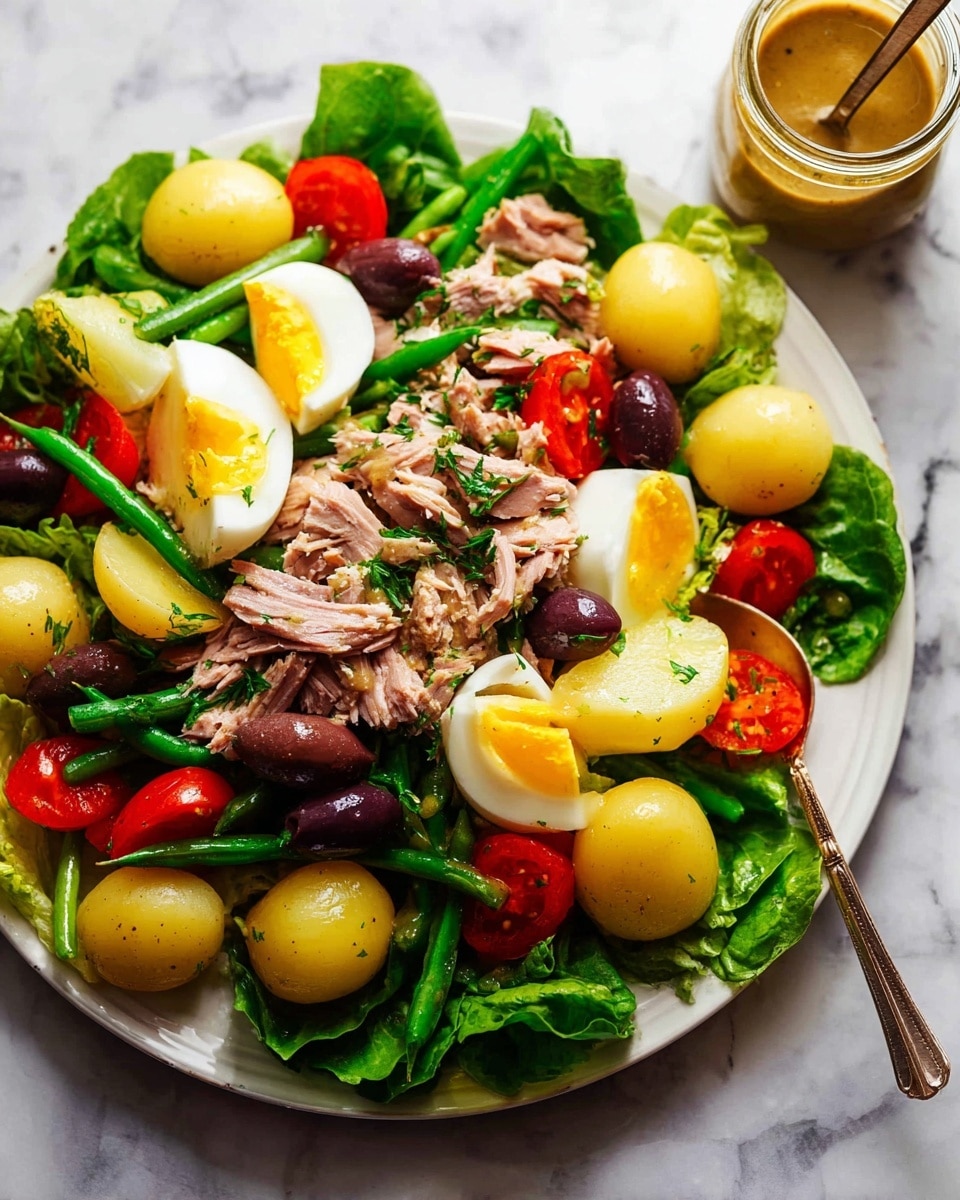A white plate holds a colorful salad layered with fresh green lettuce leaves as the base, topped with bright yellow small whole potatoes, red tomato wedges, and green beans scattered around. Cut hard-boiled eggs with soft yellow yolks are spread evenly on top along with chunks of flaky, pinkish-brown tuna. Dark purple olives and sprigs of fresh green parsley add contrast and texture throughout the salad. Next to the plate is a small clear jar filled with a mustard-colored dressing and a small gold spoon inside. The dish sits on a white marbled surface. photo taken with an iphone --ar 4:5 --v 7