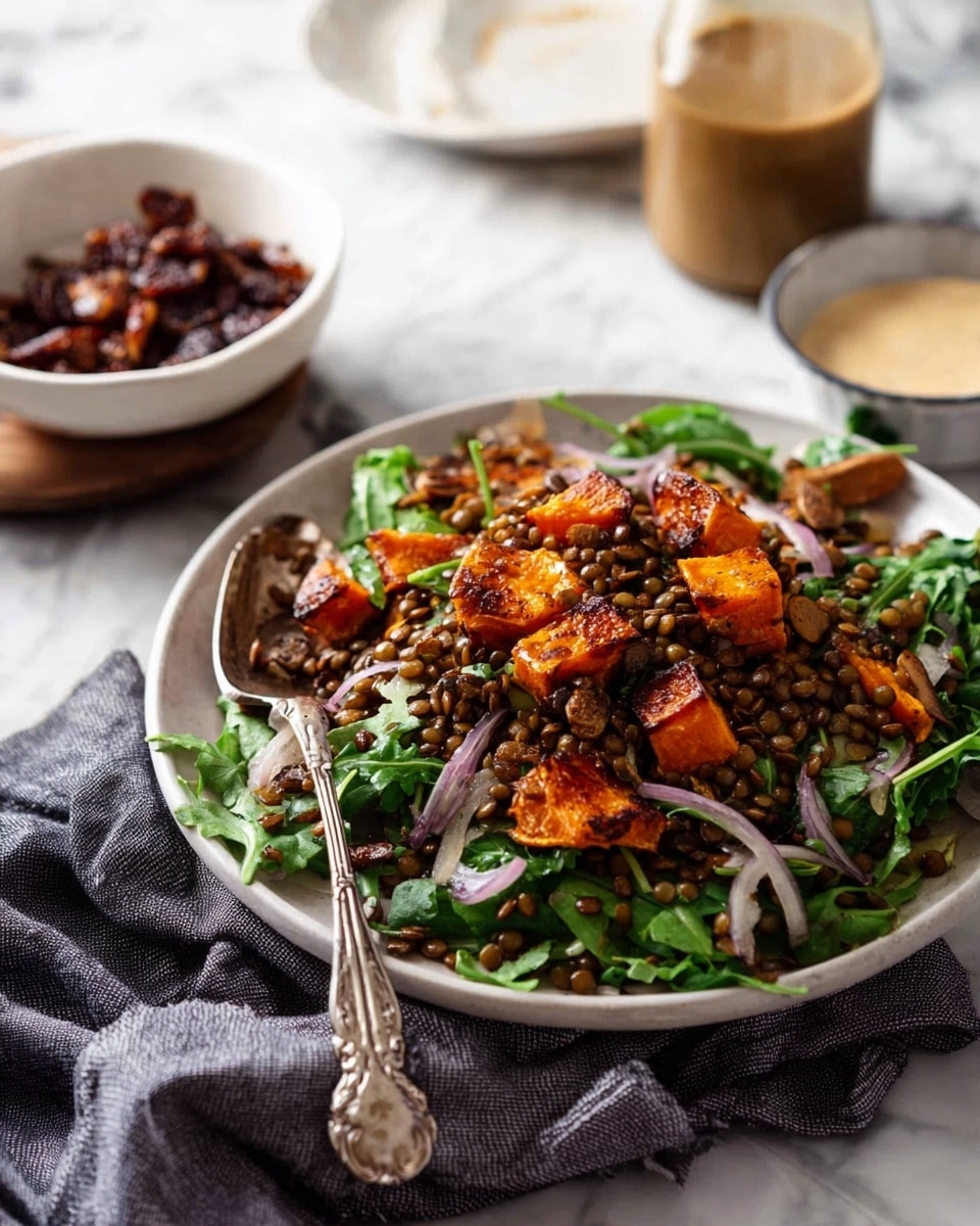 A clear glass bowl on a white marbled surface holds a fresh salad with three visible layers: the bottom layer is dark green leafy arugula, the middle layer consists of thin purple and white onion slices, and the top layer is a pile of small brown lentils. A woman's hand is pouring a light brown, smooth dressing from a small jar over the lentils, with the dressing flowing in a thick stream. The salad looks fresh and colorful with natural light enhancing the textures and colors. Photo taken with an iphone --ar 4:5 --v 7