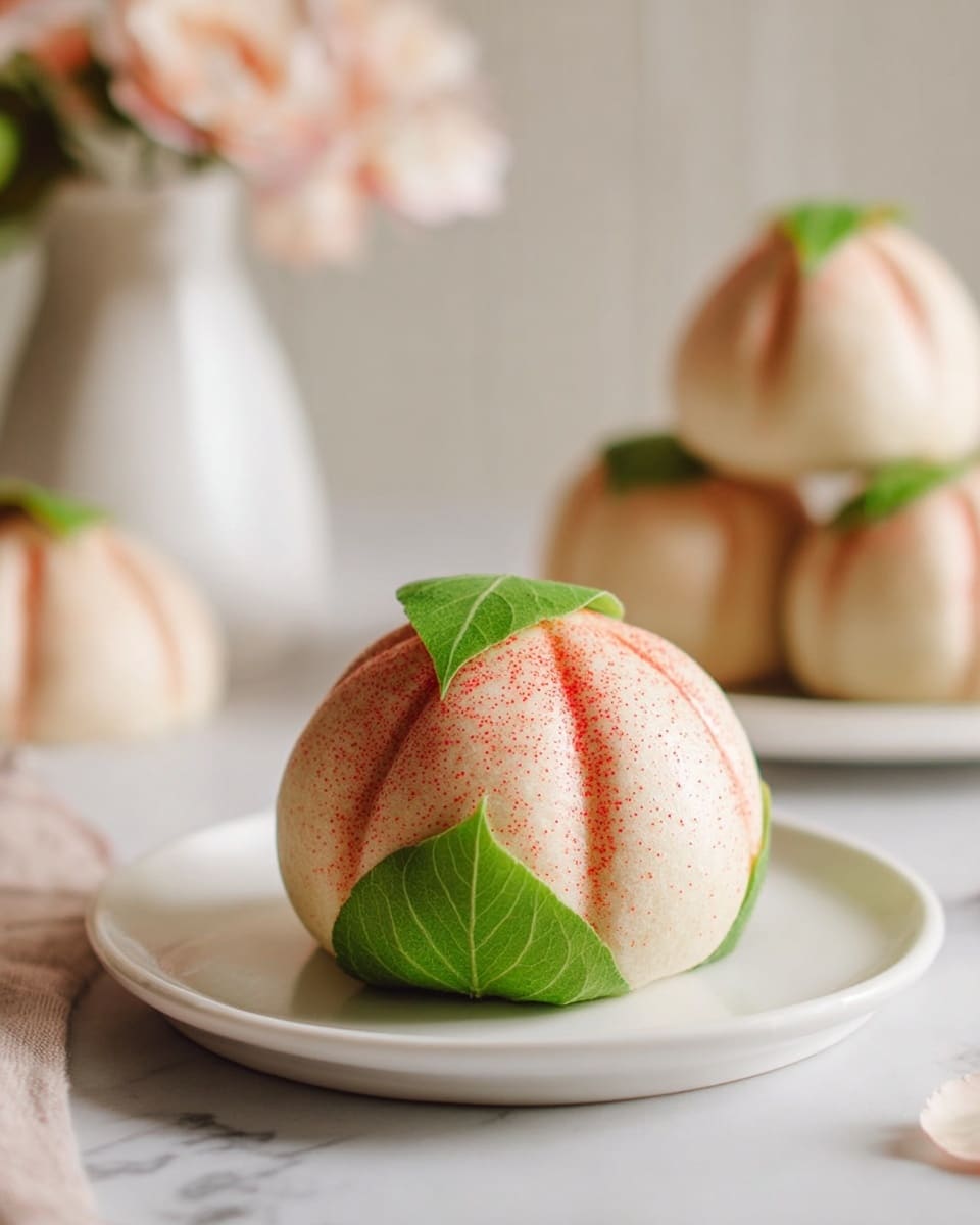 Four round buns shaped like peaches sit on a light wood round board with a handle. Each bun has a soft pink top with a white line down the middle, giving a crease effect like a peach. Under each bun are two dark green leaves with visible veins, placed to look like peach leaves. The board rests on a white marbled surface, and in the background, there is a green plant and striped blue-and-white jars slightly out of focus. Photo taken with an iphone --ar 4:5 --v 7