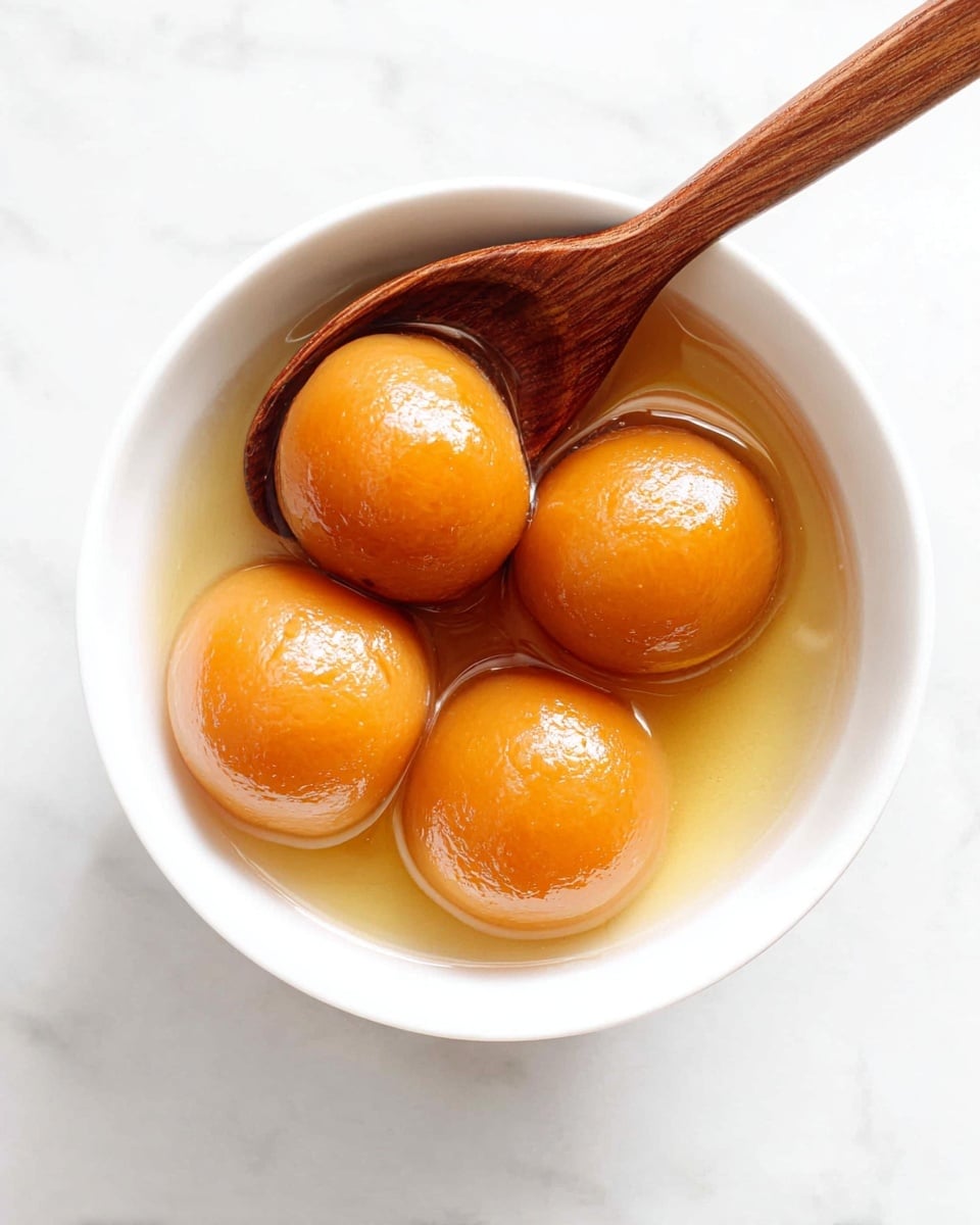 A white bowl holds four round dumplings with a shiny, smooth orange outer layer. One dumpling is on a silver spoon, showing a second inner layer of dark purple-red filling with a slightly grainy texture. The dumplings are in a clear liquid that adds a slight shine on the orange surface. The background is a white marbled texture. photo taken with an iphone --ar 4:5 --v 7