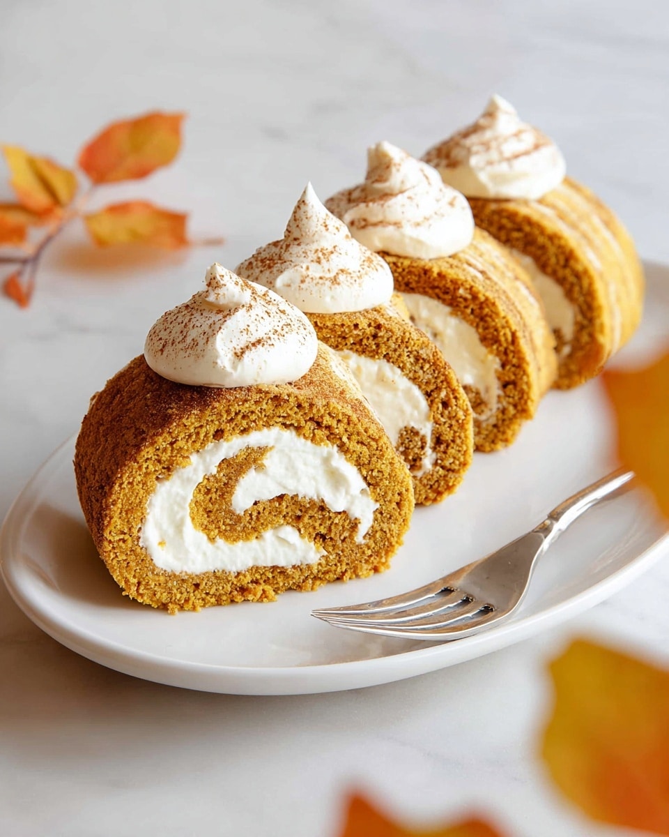 A close-up view of a pumpkin roll cake sliced to show its spiral layers, with a light brown outer cake layer and a creamy white filling inside, arranged in four sections lying on a white plate. Each sliced piece is topped with a small dollop of white cream dusted with cinnamon powder. A silver fork lies beside the plate on a white marbled surface. Some autumn-colored leaves in shades of red and orange are blurred in the foreground. photo taken with an iphone --ar 4:5 --v 7
