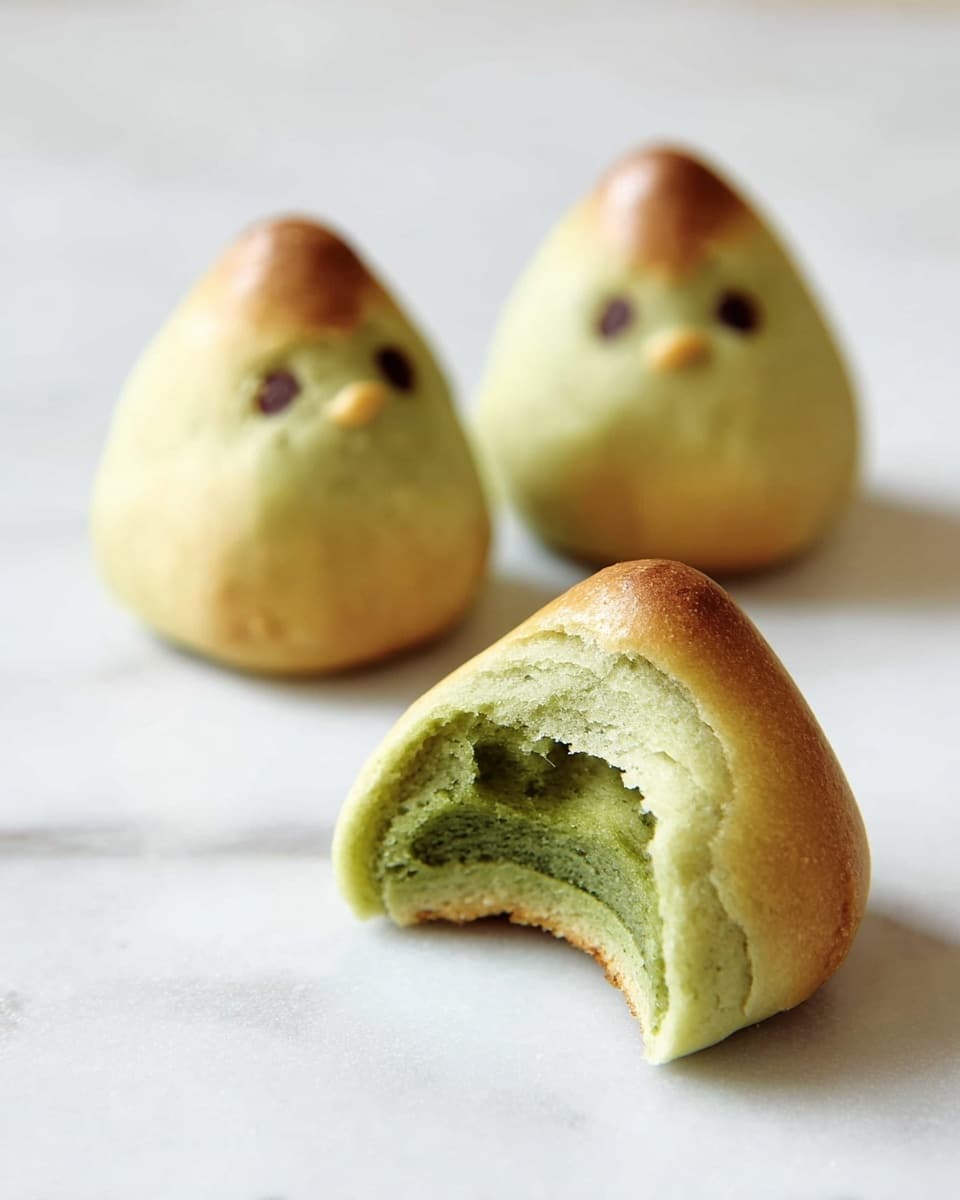 Three bird-shaped cookies sit on white parchment over a white marbled surface. Each cookie has a smooth outer layer of light beige dough with a slightly browned rounded top, resembling a bird's head and beak. The cookie in the front is bitten into, revealing a soft, green, layered inside with a crumbly texture, showing four distinct layers stacked inside. The two cookies in the back remain whole, slightly blurred, emphasizing the bitten one as the focal point. The overall scene is bright with a soft, clean background. photo taken with an iphone --ar 4:5 --v 7