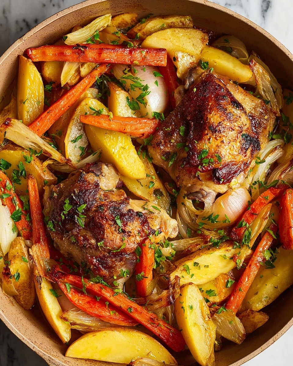 A round, beige baking dish filled with two golden-brown roasted chicken thighs placed on top of a colorful mix of roasted vegetables; the vegetables include thick yellow potato wedges, orange carrot sticks, pale roasted onion pieces, and light beige chunks of parsnip, all mixed together with bits of green parsley sprinkled on top. The chicken skin looks crispy with some charred areas, and the vegetables show a soft, roasted texture with some caramelized edges. The dish sits on a white marbled surface. Photo taken with an iphone --ar 4:5 --v 7