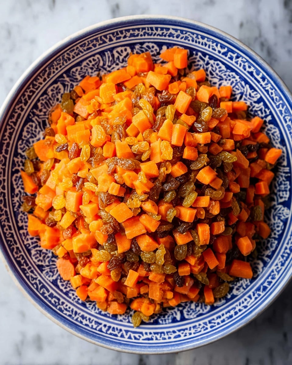 A white bowl filled with a colorful mix of diced bright orange carrots and golden raisins scattered evenly on top and mixed throughout. The carrots have a slightly soft texture, while the raisins add a sticky, shiny contrast. The bowl has a blue and white intricate pattern around the edges, creating a bold frame for the vibrant mixture inside. The bowl is set on a white marbled surface, adding a clean and simple background that highlights the colors of the dish. photo taken with an iphone --ar 4:5 --v 7