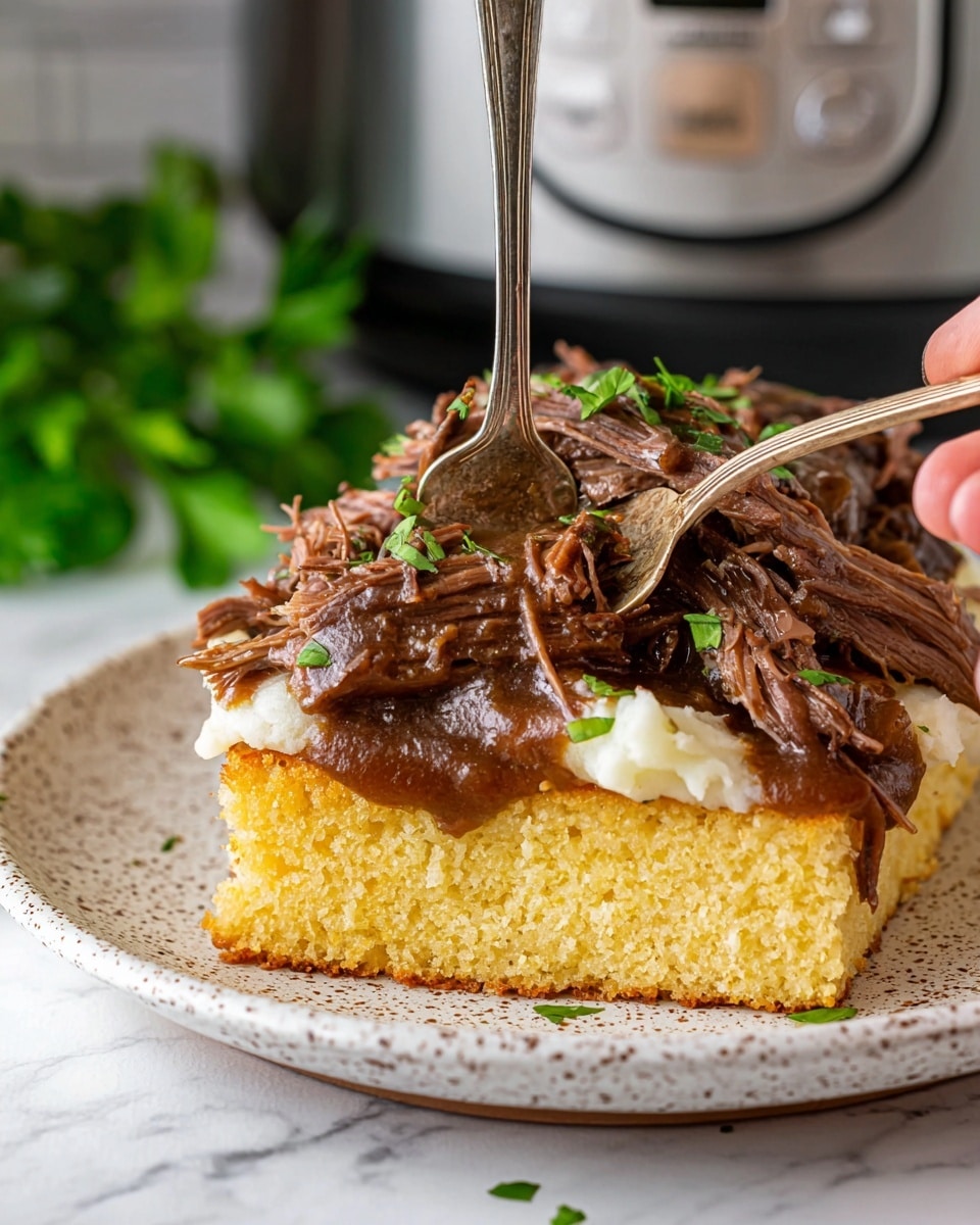 A close-up view of a dish with three visible layers on a white speckled plate on a white marbled surface. The bottom layer is a thick, golden-brown piece of toasted cornbread with a rough texture. On top of it is a smooth, creamy white layer of mashed potatoes. The top layer is a generous pile of dark brown pulled beef covered in a rich gravy, garnished with small pieces of fresh green herbs. A silver fork held by a woman's hand gently presses into the meat, showing its tender texture. In the background, there is a blurred kitchen appliance and some green leaves for decoration. Photo taken with an iphone --ar 4:5 --v 7