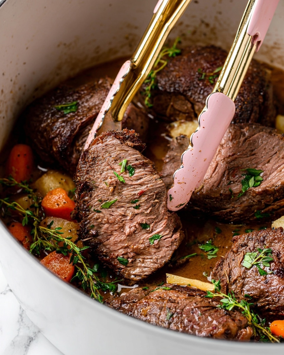 The image shows several thick slices of cooked beef with a dark brown roasted crust and a tender, juicy interior in a white pot. The beef pieces rest in a light brown savory sauce, with some orange carrot pieces and small yellow garlic cloves scattered around. Fresh green herbs, possibly parsley and thyme, are placed on top and between the meat. A pair of pink tongs with gold tips is holding one piece of beef above the rest. The whole scene is set against a white marbled texture. photo taken with an iphone --ar 4:5 --v 7
