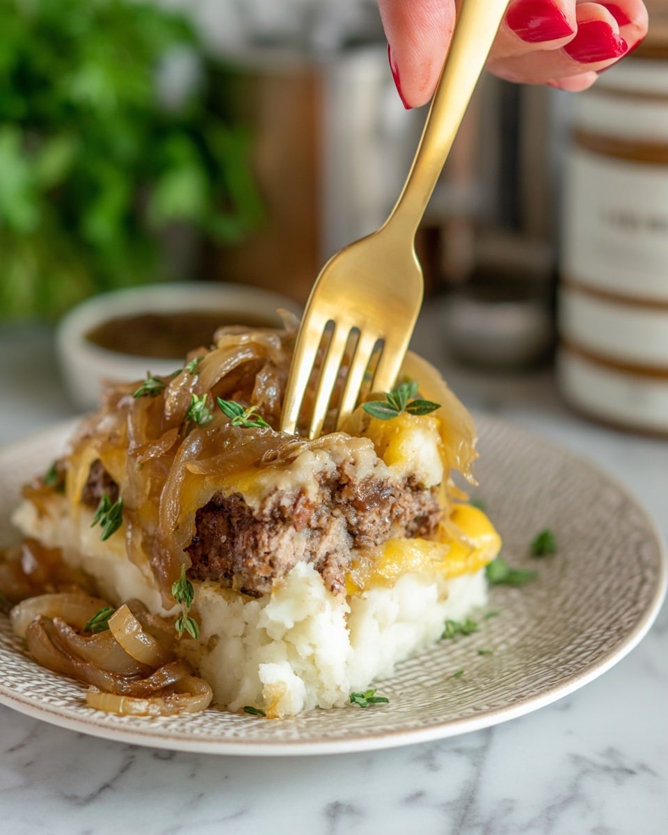 The dish shows three main layers on a white textured plate. The bottom layer is smooth, white mashed potatoes with a soft, creamy texture. On top of that is a thick layer of melted, yellow cheese that slightly oozes around the edges. The top layer consists of a brown meat patty with some small green herb pieces on it. Caramelized onions, golden brown and translucent, are placed on top and around the meat, adding shine and texture. A woman's hand holds a gold fork piercing through the layers, with blurred green herbs and light-colored containers visible in the background on a white marbled surface. photo taken with an iphone --ar 4:5 --v 7