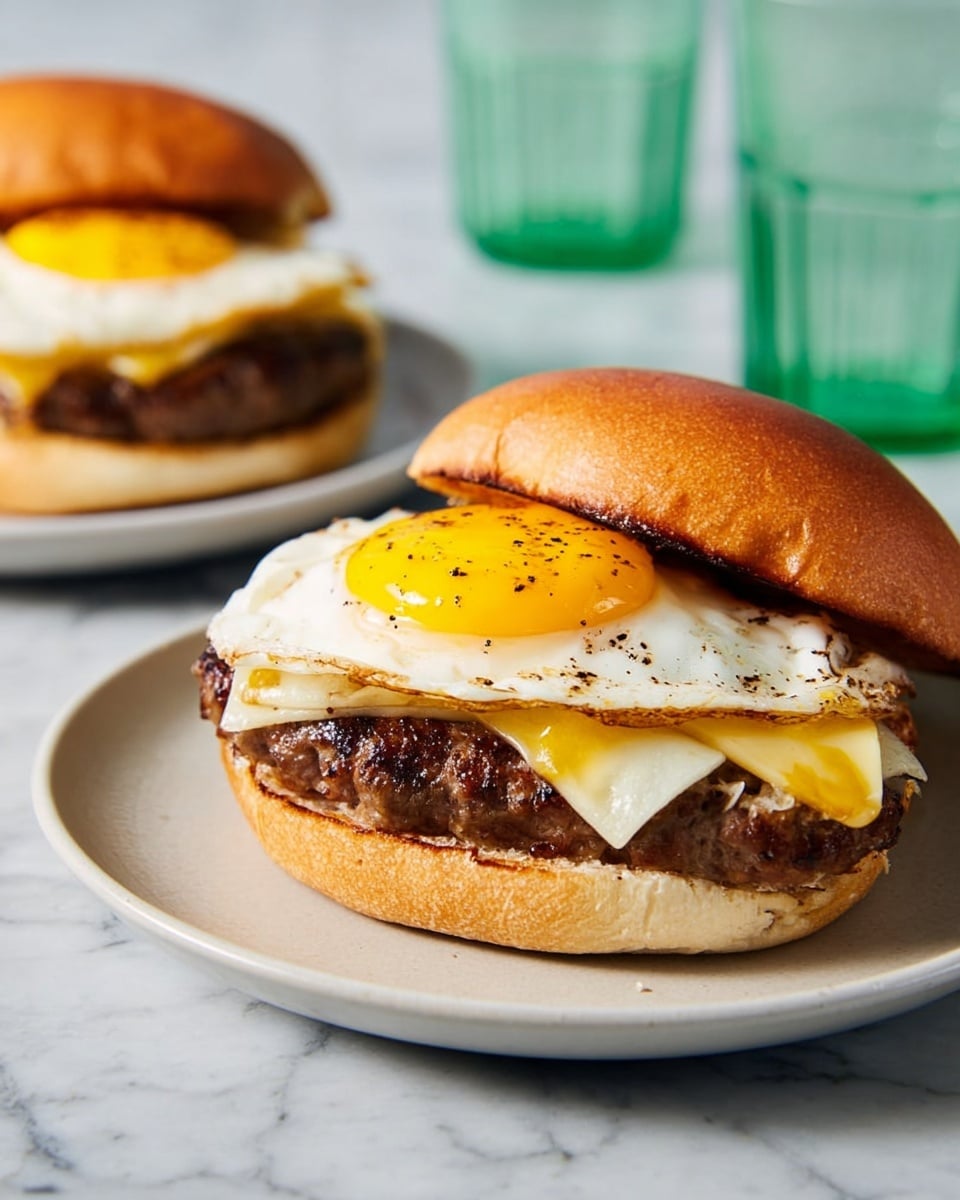 A sandwich on a white plate with a white marbled surface background shows three main layers inside a toasted light brown bun: the bottom layer is a thick, juicy grilled beef patty with a slightly charred texture, the middle layer is melted pale yellow cheese that drapes softly over the patty, and the top layer is a sunny-side-up fried egg with a bright yellow yolk and lightly crispy white edges, sprinkled with black pepper. Another identical sandwich is slightly blurred in the background, and two translucent greenish glasses are placed beside the plates. Photo taken with an iphone --ar 4:5 --v 7
