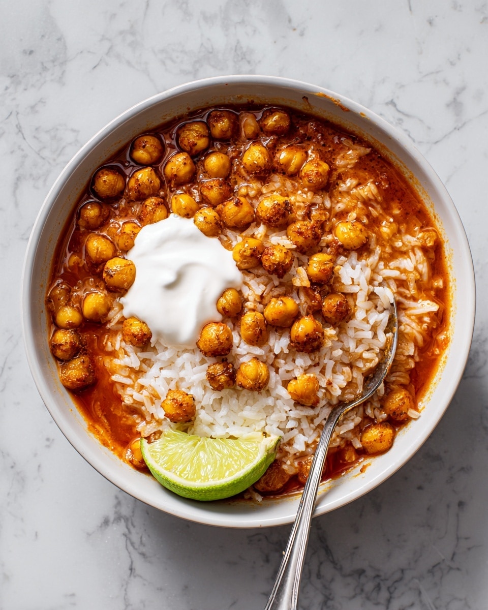 A white bowl filled with a stew of reddish broth mixed with soft white rice at the base, topped with a handful of golden-brown crispy chickpeas scattered on top. In the center, there is a dollop of smooth white cream. A metal spoon is partially dipped into the stew showing the rice and broth mix, placed near the right side of the bowl. Next to the bowl on a white marbled surface is a wedge of lime. photo taken with an iphone --ar 4:5 --v 7