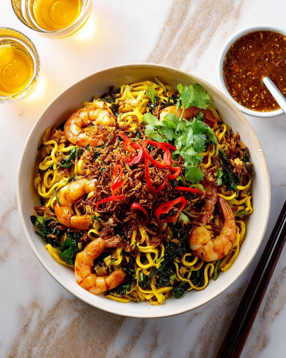 A large white bowl filled with a colorful noodle dish is placed on a white marbled surface. The bottom layer consists of thick yellow noodles intertwined with lighter spiral-shaped strips. Scattered on top are several pink shrimp with a slight sheen, mixed with dark green leafy vegetables. The dish is garnished with thin red chili slices, fresh green cilantro leaves, and a generous layer of crispy brown fried shallots spread evenly across the top. To the right of the bowl are three dark brown chopsticks resting on the surface, and above the bowl is a small white bowl containing a thick brown sauce with visible bits. Two glasses with golden liquid sit to the left side. photo taken with an iphone --ar 4:5 --v 7