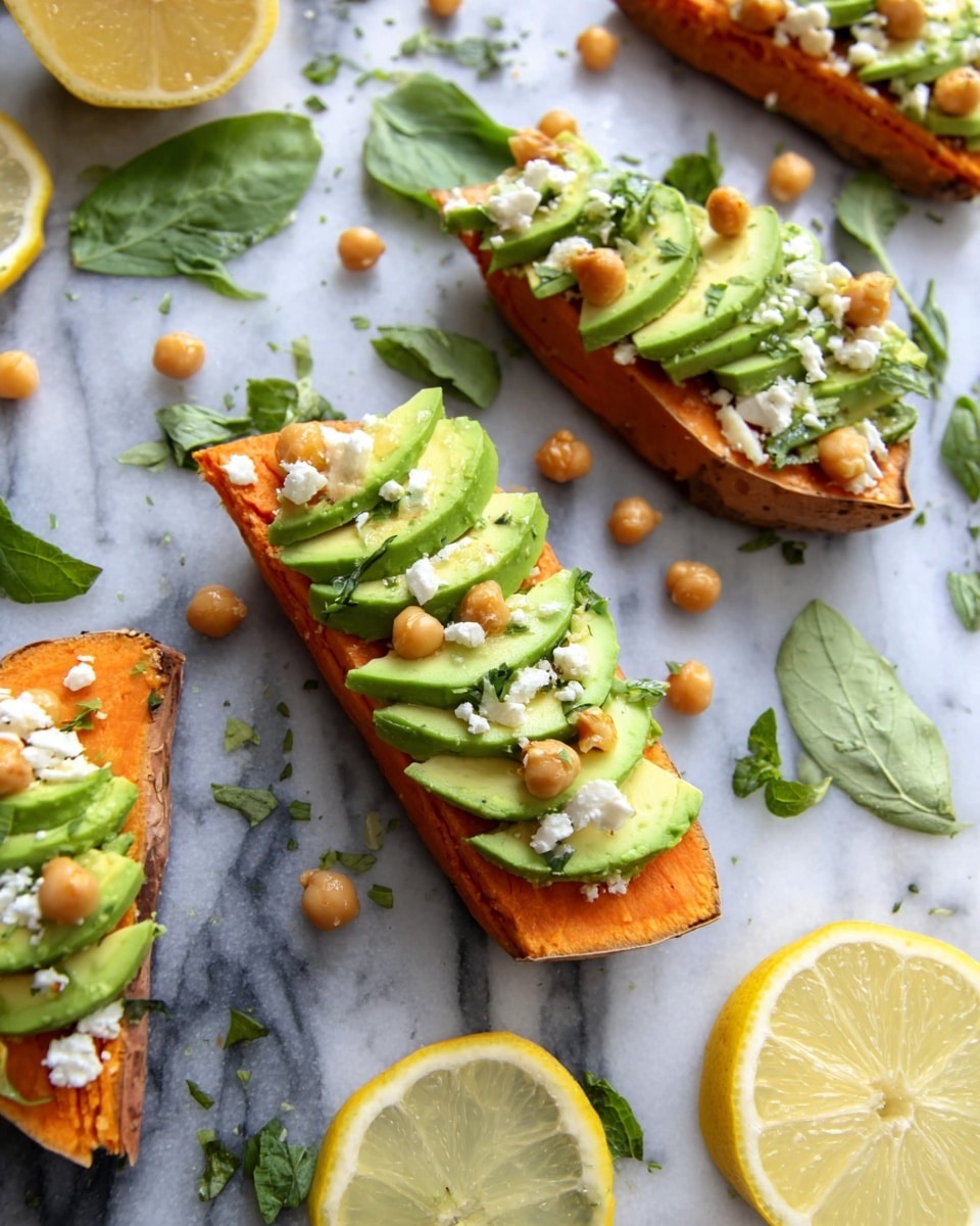 The image shows several pieces of food made with three main layers on a white marbled surface. The bottom layer is a thick slice of orange sweet potato with rough texture and slightly curved shape. The middle layer has smooth, green slices of avocado fanned out neatly across the sweet potato. The top layer consists of small round beige chickpeas and bits of white crumbled cheese scattered evenly, along with green leafy herbs adding freshness. Around the food pieces, there are fresh green leaves and halves of bright yellow lemon, adding color contrast. The overall look is fresh, healthy, and colorful. photo taken with an iphone --ar 4:5 --v 7