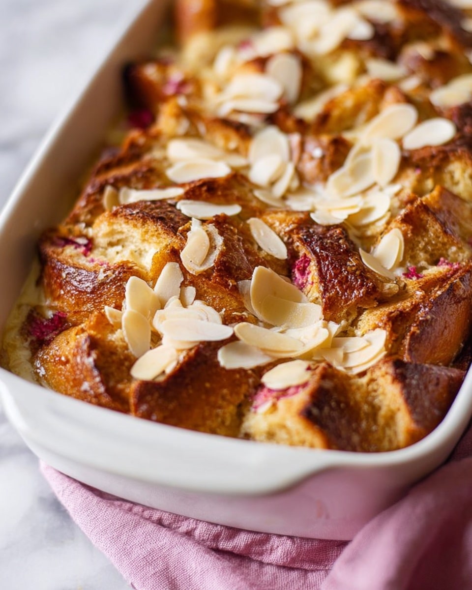 The dish shows a close-up of a baked bread pudding in a white baking dish, filled with golden-brown toasted bread cubes with some darker browned edges. The bread pieces are layered closely together with soft creamy custard soaked around them. On top, thin, pale almond slices are scattered, adding texture. The background is a white marbled surface, and a light pink cloth can be seen underneath the dish. Photo taken with an iphone --ar 4:5 --v 7