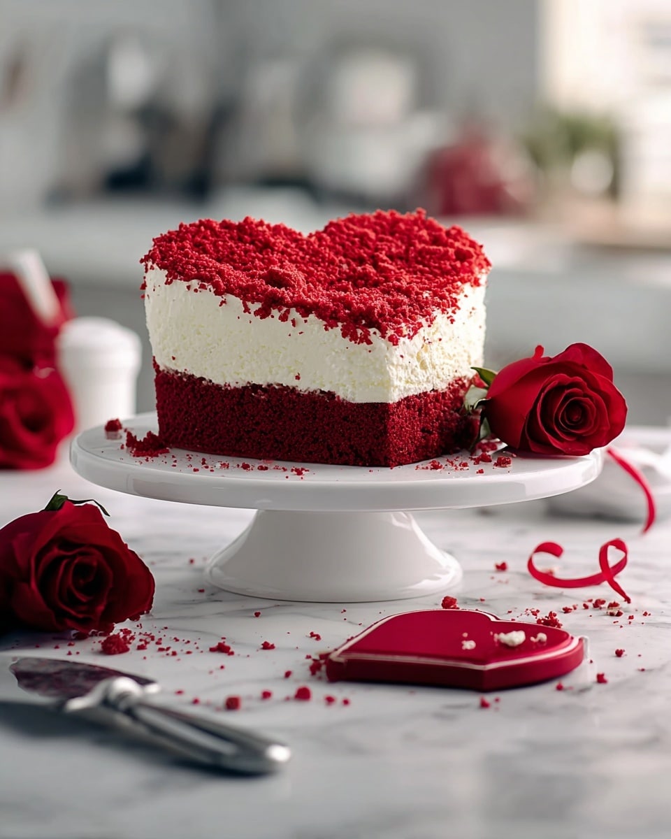 A heart-shaped cake with two visible layers stands on a white cake stand with a smooth, glossy finish. The bottom layer is deep red with a slightly crumbly texture, while the middle layer is thick, white, and creamy, topped with a generous sprinkle of bright red crumbs covering the top and part of the sides. A single red rose is placed gently against the cake on the cake stand. The scene is set on a white marbled surface with scattered red crumbs and two more red roses lying beside a silver cake server that has some crumbs on it. In the foreground, a red heart-shaped decoration with a ribbon adds a romantic touch, and the blurred background shows a clean, modern kitchen. Photo taken with an iphone --ar 4:5 --v 7