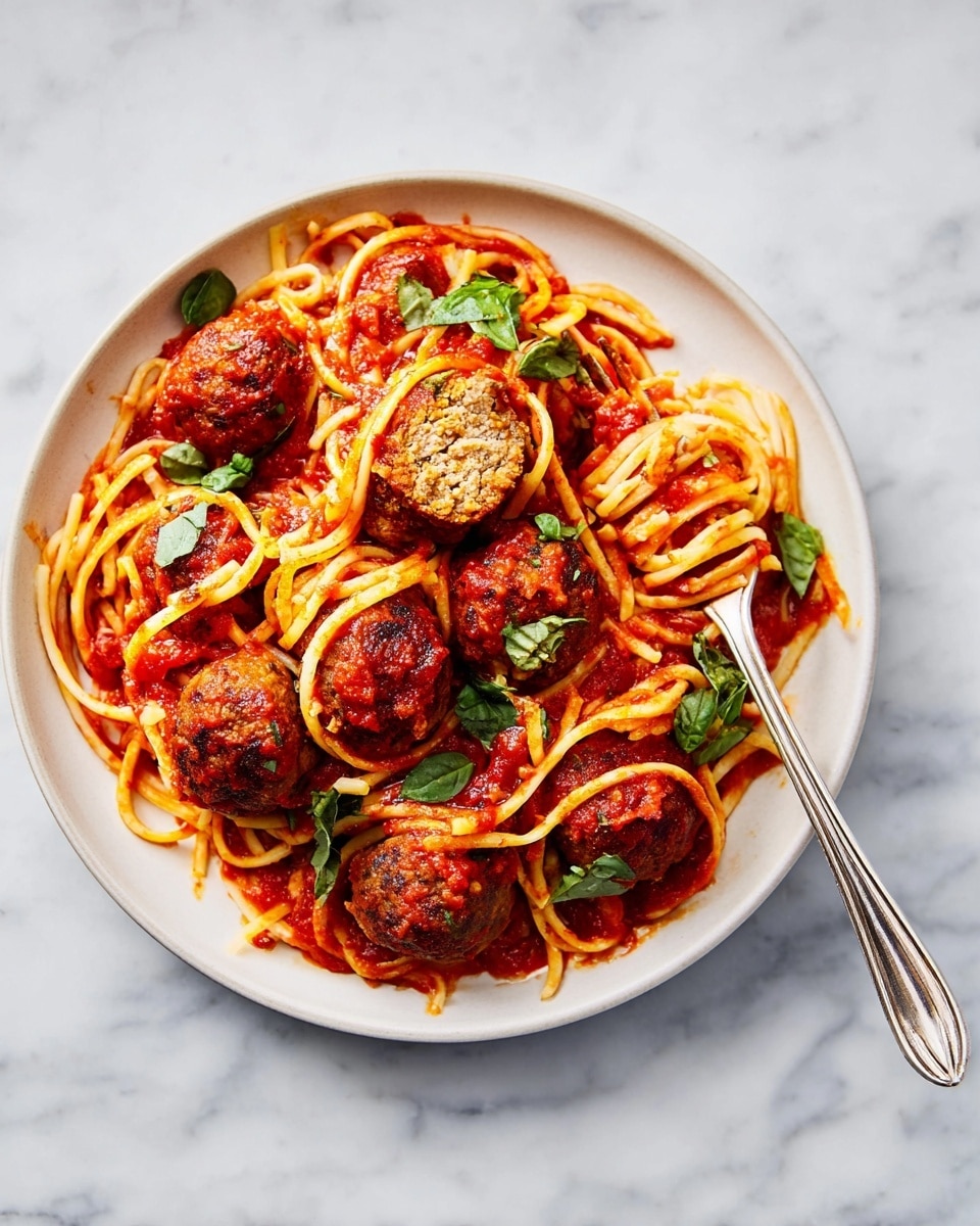 The image shows a white plate filled with a serving of spaghetti pasta mixed with a thick red tomato sauce. On top of the pasta, there are seven round meatballs, one of which is cut in half showing a textured brown interior. The spaghetti noodles are light yellow and are wrapped around the meatballs in a slightly tangled way. Fresh green basil leaves are scattered on top, adding a pop of color. A silver fork is placed on the right side of the plate, partly twisted with the spaghetti. The plate sits on a white marbled surface. photo taken with an iphone --ar 4:5 --v 7