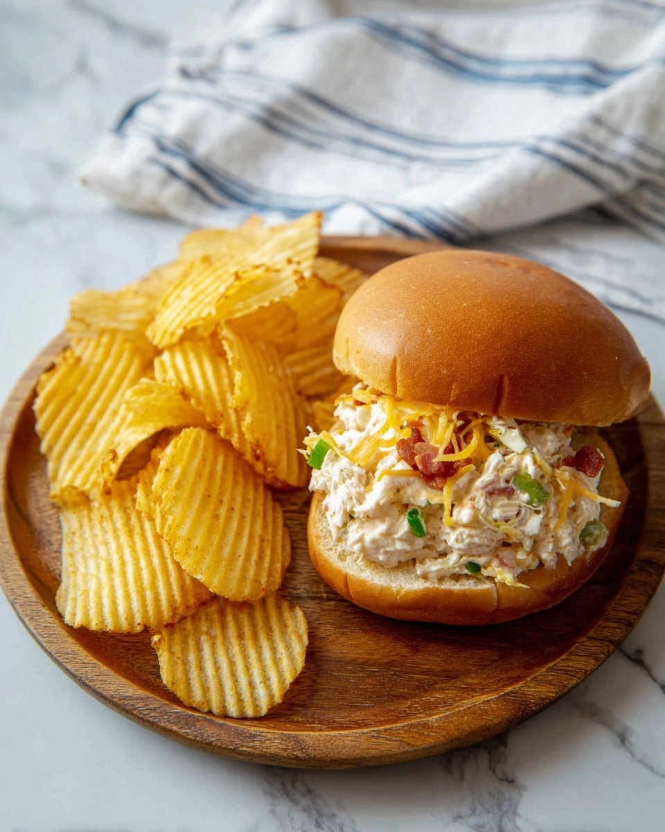 The image shows a wooden round plate with a sandwich and a side of ridged potato chips on a white marbled surface. The sandwich has two layers of a soft, shiny, golden brown bun on top and bottom. Between the buns, there is a creamy chicken salad layer mixed with bits of bacon, green onions, and shredded yellow cheese peeking out. The ridged potato chips are golden yellow and stacked next to the sandwich, covering almost half of the plate. A white towel with blue stripes is visible in the top part of the image. Photo taken with an iphone --ar 4:5 --v 7
