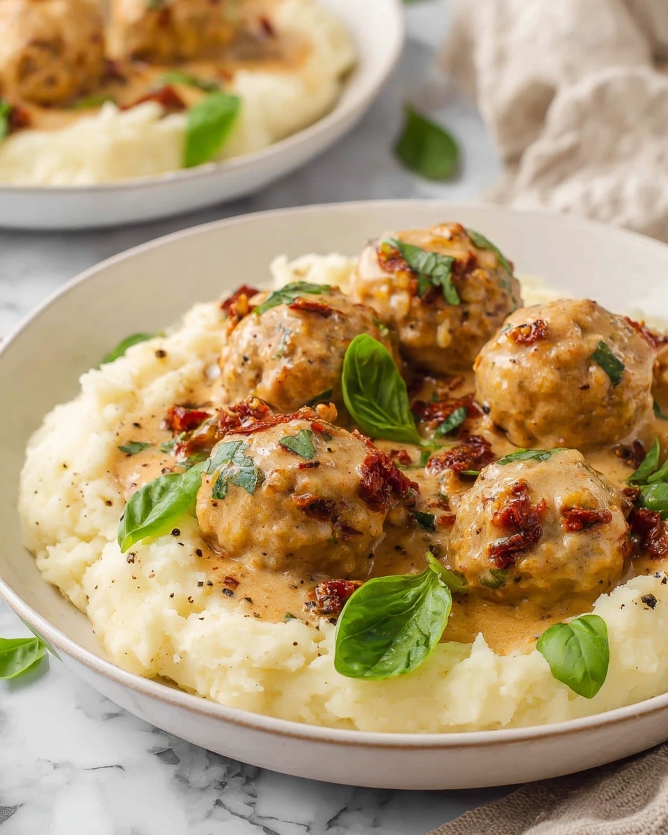 The dish shows a white plate filled with a base layer of creamy, smooth mashed potatoes that have a slightly fluffy texture and are lightly speckled with black pepper. On top, there are seven golden-brown meatballs coated in a rich, creamy sauce that contains visible small pieces of sun-dried tomatoes and herbs, giving a mix of red and green specks on the sauce. The meatballs and sauce are garnished with fresh green basil leaves, adding a pop of color. The plate is set on a white marbled surface with a blurry background showing another plate with the same dish. Photo taken with an iphone --ar 4:5 --v 7
