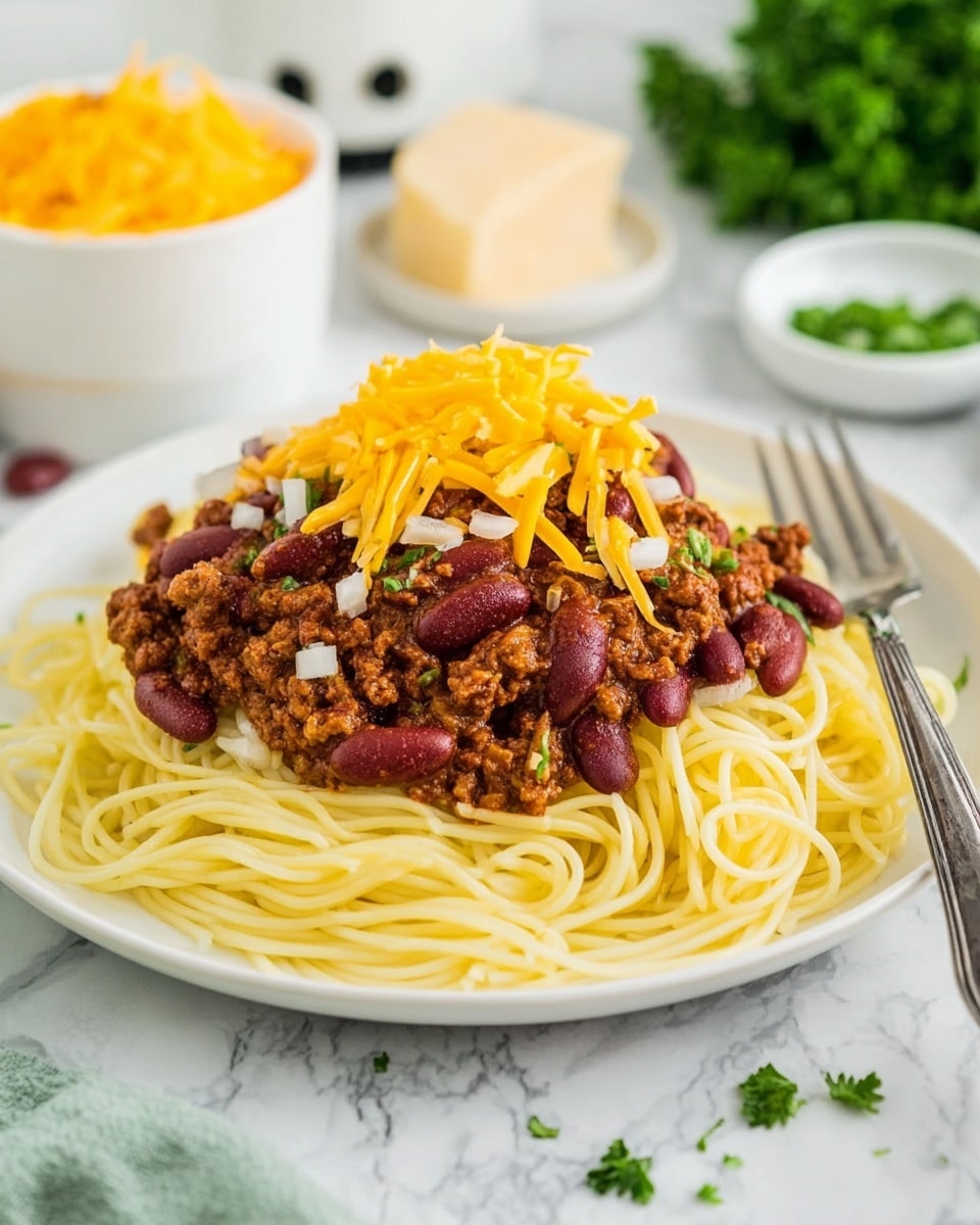 A white plate filled with three layers: the bottom layer is light yellow cooked spaghetti noodles, the middle layer is dark brown ground meat sauce mixed with red kidney beans and bits of tomato, and the top layer is grated bright yellow cheddar cheese sprinkled with small pieces of chopped white onion. The plate is on a white marbled surface with a silver fork resting on the right side. In the background, there is a small white bowl with more grated cheddar and some green parsley scattered around. Photo taken with an iphone --ar 4:5 --v 7