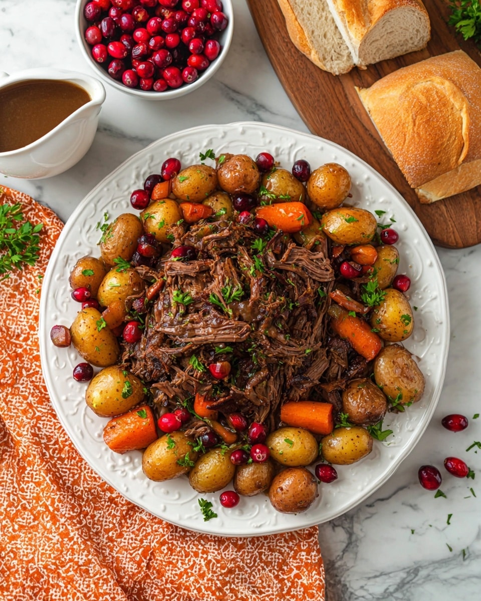 A large white plate holds a layered dish with shredded dark brown beef in the center, topped with green parsley pieces. Around the beef, there is a mix of small golden-brown potatoes and bright orange baby carrots, all cooked and slightly glossy. Small red cranberries and green parsley sprigs decorate the edges of the plate, adding color contrast. The plate is placed on a white marbled texture surface. Nearby, there is a white bowl filled with bright red cranberries and a white gravy boat containing brown gravy. A piece of light brown bread lies next to the plate, and an orange patterned cloth is partially visible. photo taken with an iphone --ar 4:5 --v 7