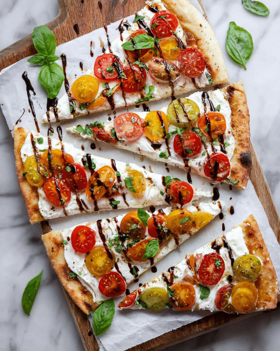 The image shows five triangular slices of flatbread pizza arranged on white parchment paper over a wooden board on a white marbled surface. Each slice has a golden brown, slightly crispy crust topped with a creamy white cheese layer. On top of this cheese layer, there are evenly spaced slices of red and yellow cherry tomatoes. Fresh green basil leaves are scattered on each slice, adding a pop of color. A dark brown balsamic glaze is drizzled artistically across every slice, creating a striking contrast with the white cheese. The texture of the tomatoes looks juicy, while the basil appears fresh and vibrant. photo taken with an iphone --ar 4:5 --v 7
