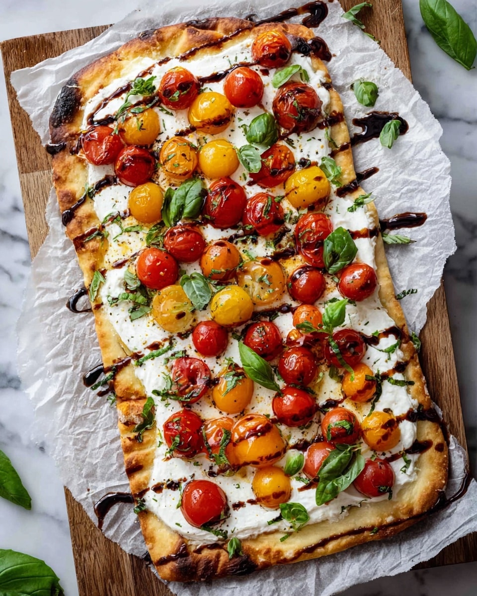 A rectangular flatbread pizza sits on crumpled white parchment paper over a wooden board, all on a white marbled surface. The flatbread crust is golden brown with slight char marks, topped with a thick, smooth, creamy white cheese layer. On top, there are halved cherry tomatoes in red, orange, and yellow, creating bright spots of color. Fresh green basil leaves are scattered evenly over the pizza, and a dark brown balsamic glaze is drizzled diagonally across the whole surface, adding contrast and shine. The texture looks soft with juicy, fresh ingredients. Photo taken with an iphone --ar 4:5 --v 7