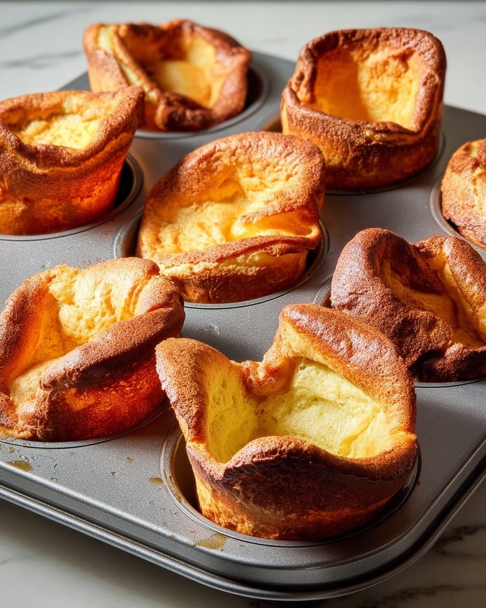 A gray metal muffin tin holds eight golden brown Yorkshire pudding nests, each puffed up with a rough, crispy exterior and soft, airy interior. The puddings vary in shape, some folding over themselves with darker browned edges and lighter, fluffy centers. The tin rests on a white marbled surface with subtle light reflections and tiny droplets of moisture on the metal rim. The overall look shows warm, freshly baked pastries with a mix of smooth and crinkled textures. photo taken with an iphone --ar 4:5 --v 7