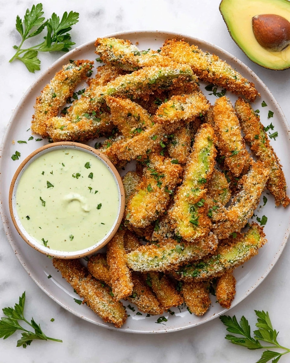A round white plate is filled with crispy golden-brown avocado fries arranged in a loose pile, each fry showing a crunchy breadcrumb coating with bits of green avocado peeking through. Scattered green herbs add a fresh touch on top and around the fries. A small round bowl with a light green creamy dipping sauce flecked with tiny herbs sits on the plate's left side, surrounded by a few sprigs of fresh parsley. In the top right corner, there is a halved avocado with its seed visible. The plate is set on a white marbled surface. photo taken with an iphone --ar 4:5 --v 7