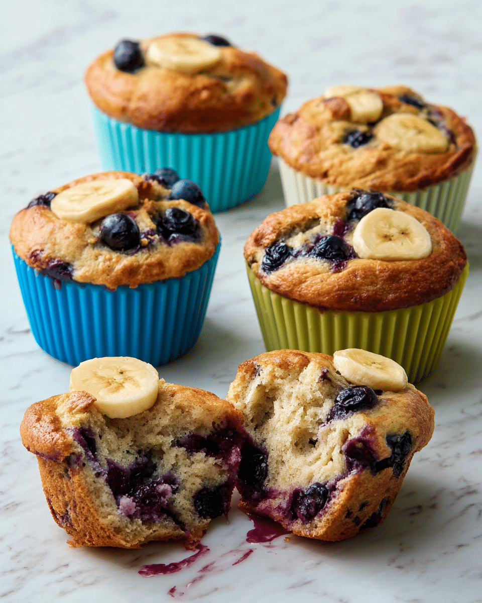 The image shows five muffins on a white marbled surface, each muffin in a colorful silicone cup with ridges — two light blue, two mint green, and one dark blue. The muffins have a golden-brown top with visible blueberries and a thin round banana chip baked into the top of most. One muffin is broken open in the front, showing a soft, light beige crumb with scattered dark blueberries inside. Some blueberry juice has slightly dripped down the sides of a couple of the muffins, adding a splash of deep purple. The overall texture of the muffins looks moist and fluffy with a slightly rough surface on top. Photo taken with an iphone --ar 4:5 --v 7