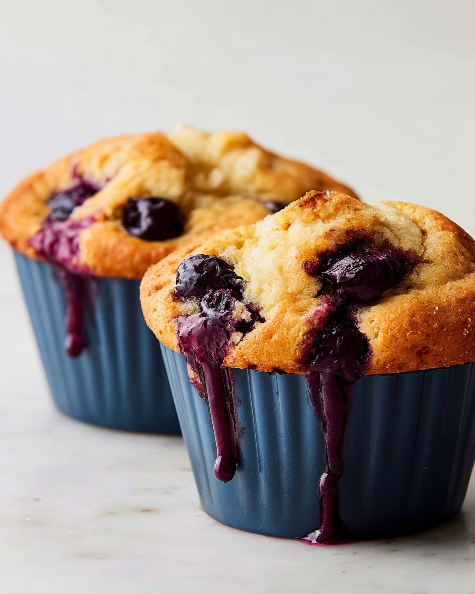 Two golden brown blueberry muffins sit side by side in dark blue silicone cups, placed on a white marbled surface. Each muffin has plump, baked blueberries that bleed rich purple juice down the sides, giving a moist, juicy look. The tops of the muffins are slightly cracked and risen high, showing a soft, fluffy texture with a light crust. The background is plain white, keeping focus on the muffins. photo taken with an iphone --ar 4:5 --v 7