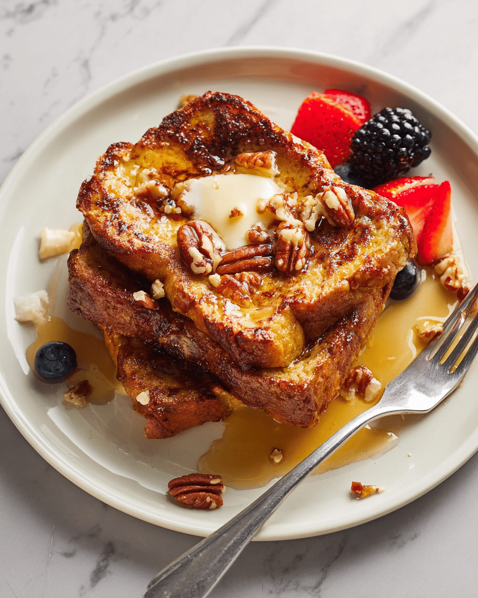 A baked bread pudding in a dark baking pan showing 5 visible layers of thick bread slices arranged diagonally, each slice with a deep golden brown toasted crust and a soft moist center soaked in a cinnamon and nut mixture. The top layer is covered with a rough texture of chopped pecans and a sticky caramelized syrup that glistens under the light. A large shiny metal spoon rests on the right side of the pan with some pudding and pecans on it, and the pan handle extends out to the right on a white marbled texture with some scattered bits of nuts around. photo taken with an iphone --ar 4:5 --v 7