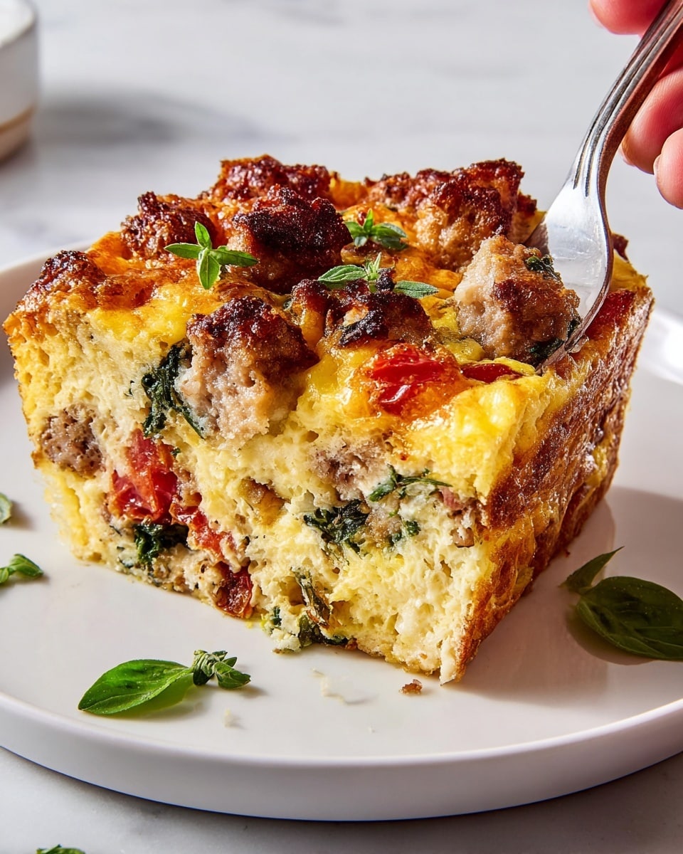 A square slice of baked breakfast casserole sits on a white plate, showing about three layers. The top layer is golden brown and crispy with melted cheese and browned sausage pieces, garnished with small green basil leaves. The middle layer appears creamy yellow with melted cheese smoothly blending with the custard base. The bottom layer shows chunks of red tomato, green spinach, and some visible sausage bits mixed into a soft, fluffy egg mixture. A woman's hand holding a fork lifts a bite from the left side, revealing the moist and textured middle and bottom layers. The plate sits on a white marbled surface with a few pieces of basil scattered nearby. Photo taken with an iphone --ar 4:5 --v 7