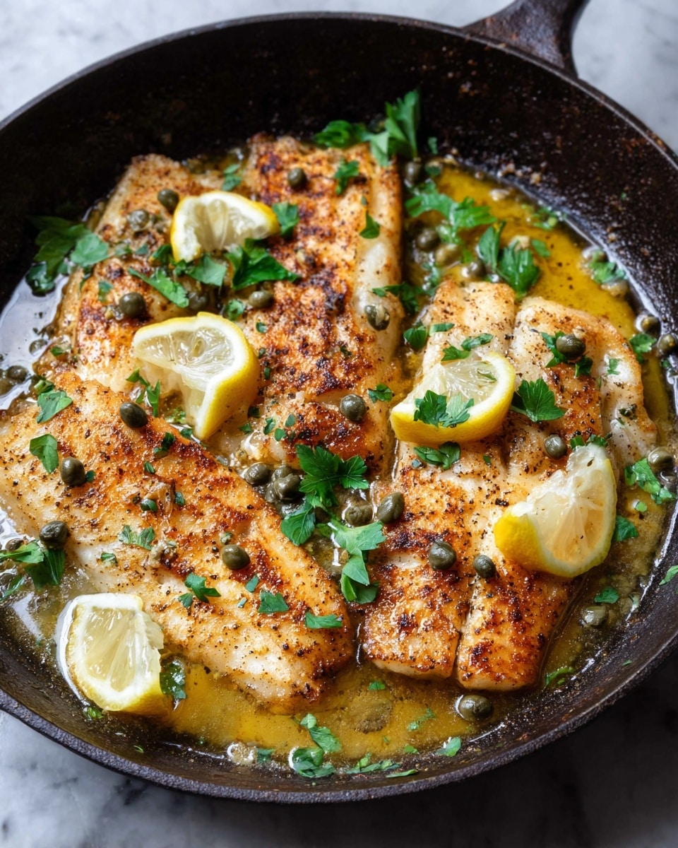 A black pan holds four cooked fish fillets arranged close together in a shallow pool of light yellow sauce. The fish is golden brown with a crispy texture on top, speckled with black pepper and seasoning. Bright green parsley leaves are scattered all over the fillets, adding fresh color, along with small dark green capers dotted around. Between the fillets, there are three lemon wedges with bright yellow skin and pale juicy flesh. The edges of the pan are smooth and slightly worn, with the sauce glistening around the fish. photo taken with an iphone --ar 4:5 --v 7