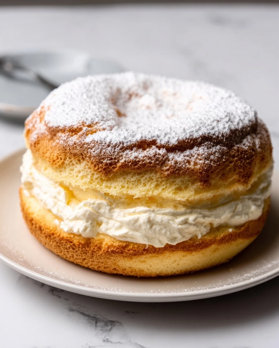 A tall sandwich-style dessert cake with two thick golden brown layers that have a slightly rough, homemade texture and are dusted with powdered sugar on top. Between these layers is a thick, creamy white filling that looks smooth and soft. The cake sits on a simple white plate on a white marbled surface. A woman's hand holds a piece of the cake, showing the soft filling and crumbly outer layers clearly. photo taken with an iphone --ar 4:5 --v 7