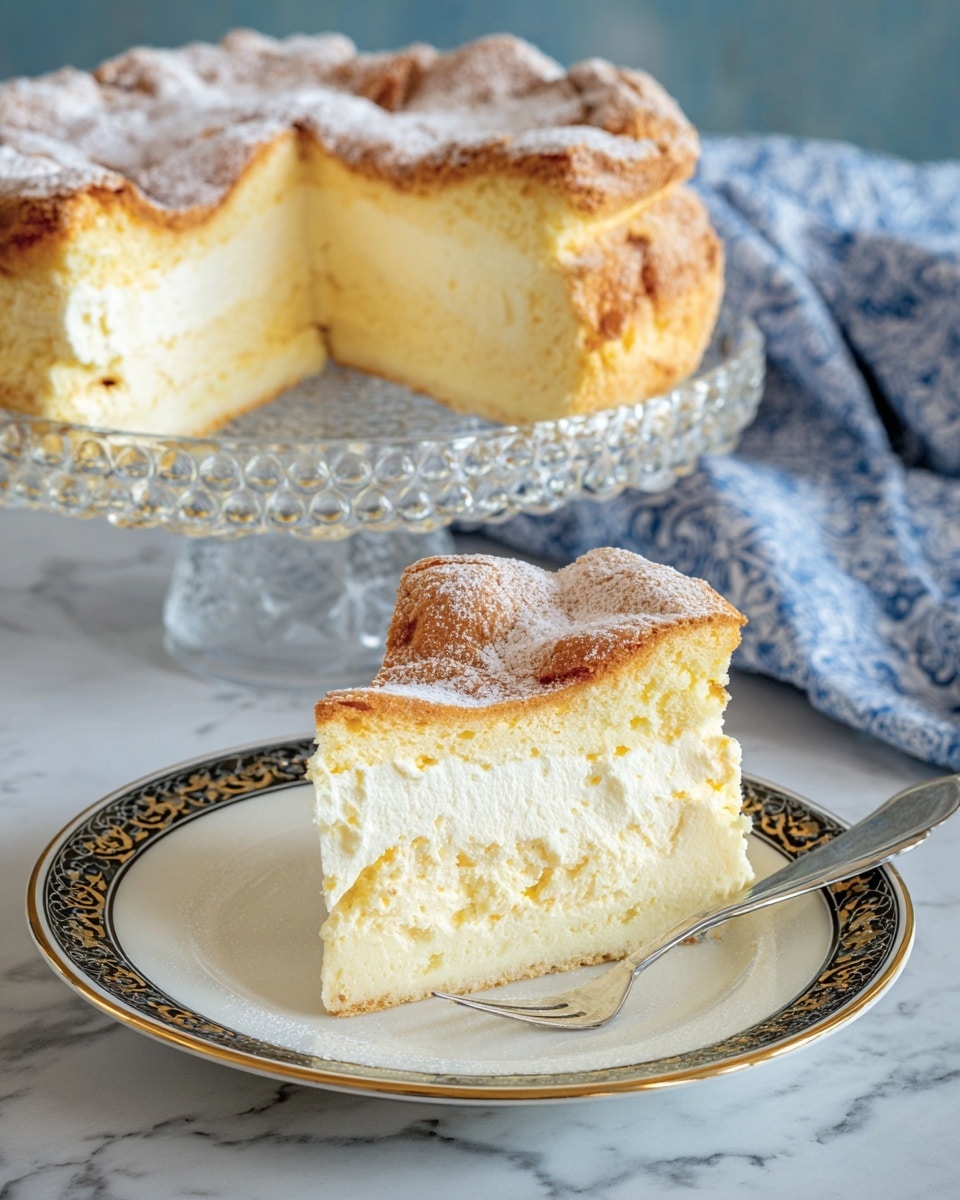 The image shows a creamy cheesecake with two layers on a white plate. The bottom layer is a light golden crust, slightly firm and thick. Above it is a large, smooth, pale yellow cheesecake layer that looks dense and soft. The top layer is a thin, golden-brown baked crust with a few slightly folded, crispy edges dusted with powdered sugar. In the background, there is a whole cheesecake with a missing slice, revealing the same layers, placed on a white plate on a white marbled surface. The photo taken with an iphone --ar 4:5 --v 7