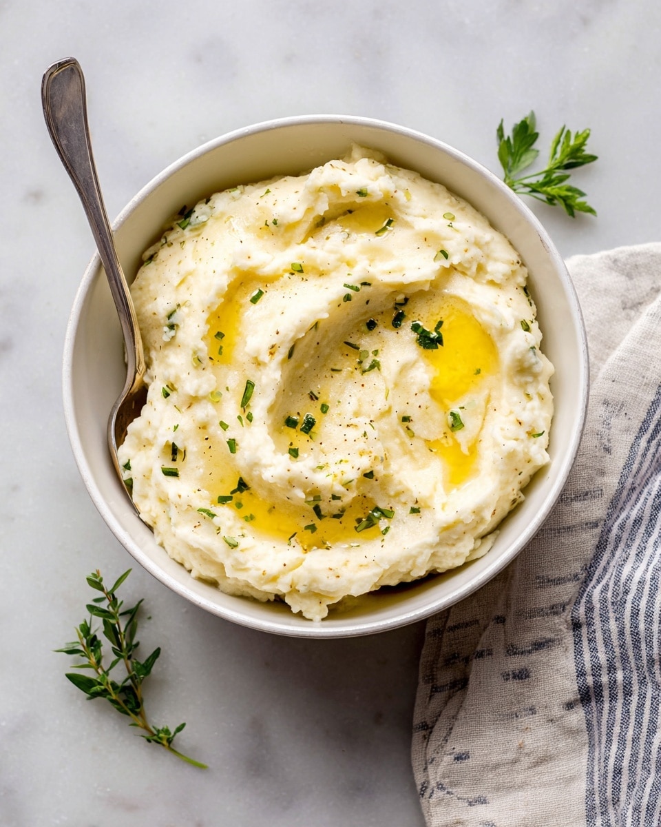 A white bowl filled with creamy mashed potatoes with a smooth, slightly textured surface, topped with a few small pools of melted golden butter and sprinkled with finely chopped green herbs. A silver spoon is partly buried in the mashed potatoes on the right side of the bowl. The bowl sits on a white marbled surface next to a sprig of fresh green parsley and a folded blue and white striped cloth napkin. photo taken with an iphone --ar 4:5 --v 7
