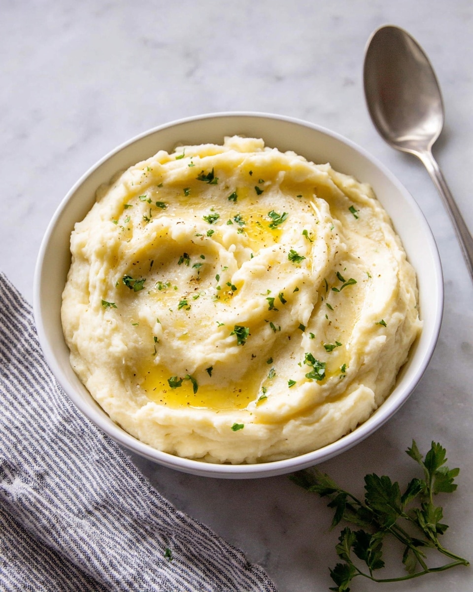 A white bowl filled with creamy, light beige mashed potatoes with a smooth but slightly textured surface, showing soft peaks and swirls. A gentle drizzle of golden olive oil glistens on top, with small green parsley flakes scattered across the mashed potatoes. The bowl sits on a white marbled surface next to a silver spoon and a striped cloth napkin with green parsley leaves partially visible nearby. photo taken with an iphone --ar 4:5 --v 7