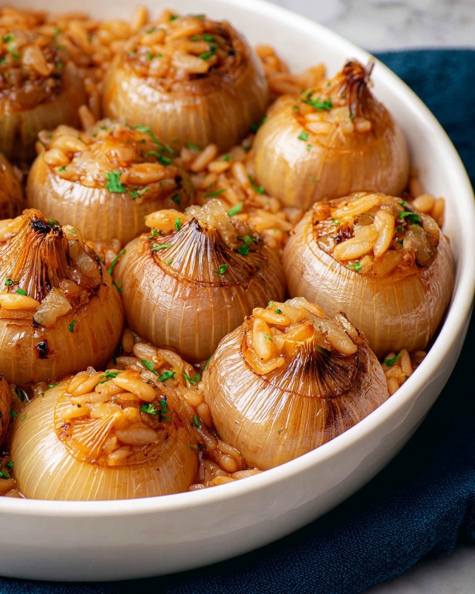 The image shows a close-up of stuffed onions arranged tightly in a white bowl. Each onion is split open and filled with a layer of orange-brown cooked rice mixed with small pine nuts, with the onion layers slightly translucent and golden from cooking. Small green herb pieces are sprinkled on top for color contrast. The onions have a shiny, slightly oily texture, and the bowl rests on a dark blue cloth over a white marbled surface. photo taken with an iphone --ar 4:5 --v 7