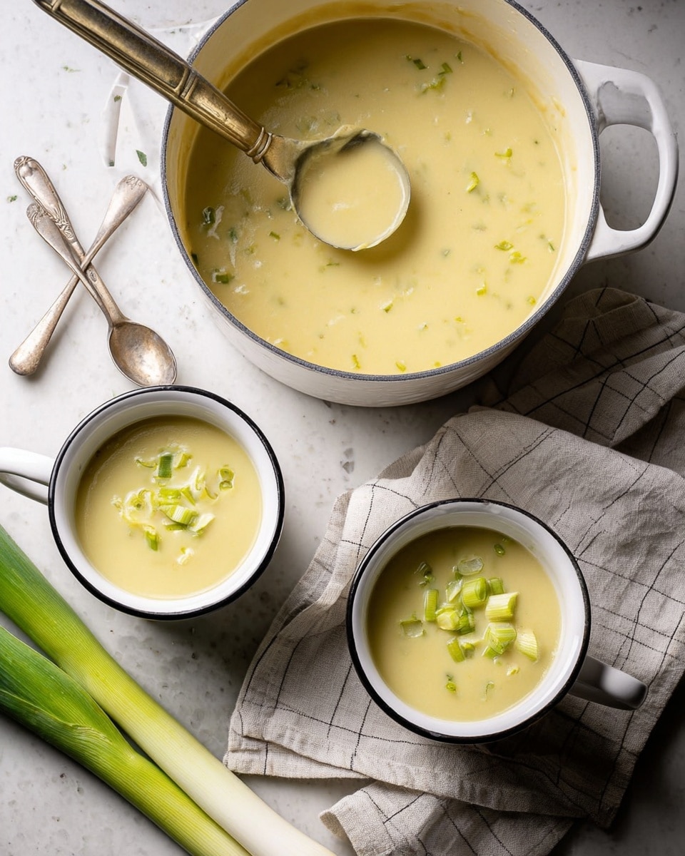 The image shows a thick creamy yellow soup served in a white enamel pot on the left, with a large ladle holding some soup inside. On the right, there are two white enamel mugs filled with the same soup, each topped with chopped green vegetables and small chunks of light green or yellow pieces. Both mugs have silver spoons placed inside. The mugs are set on a beige and white checkered cloth placed over a white marbled surface. Two green onions lie on the lower left corner of the image. photo taken with an iphone --ar 4:5 --v 7