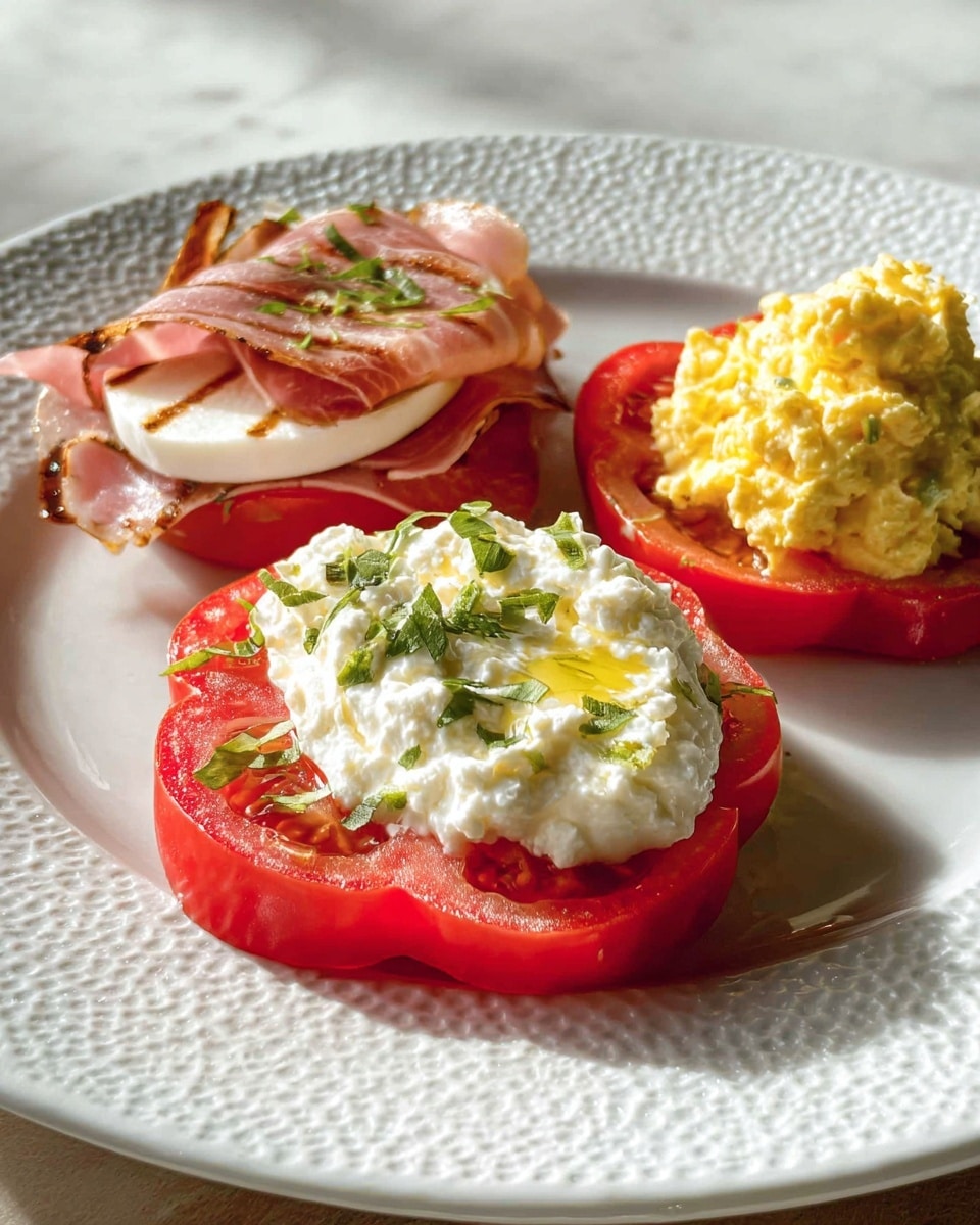 The dish has three parts arranged on a white plate with a textured rim, placed on a white marbled surface. The front part shows a thick red tomato slice shaped like a flower, topped with a creamy white cottage cheese mixed with some green herbs, drizzled with golden oil. The middle part features another red flower-shaped tomato slice, layered with thin, pinkish-red slices of cured meat folded softly, and finished with a slice of white cheese that has a slightly melted, golden brown top with green herb sprinkles. In the back, the third tomato slice is topped with a round, yellow mixture that looks like chopped eggs mixed with herbs. The dish is lit by natural light, creating soft shadows and a fresh look. photo taken with an iphone --ar 4:5 --v 7